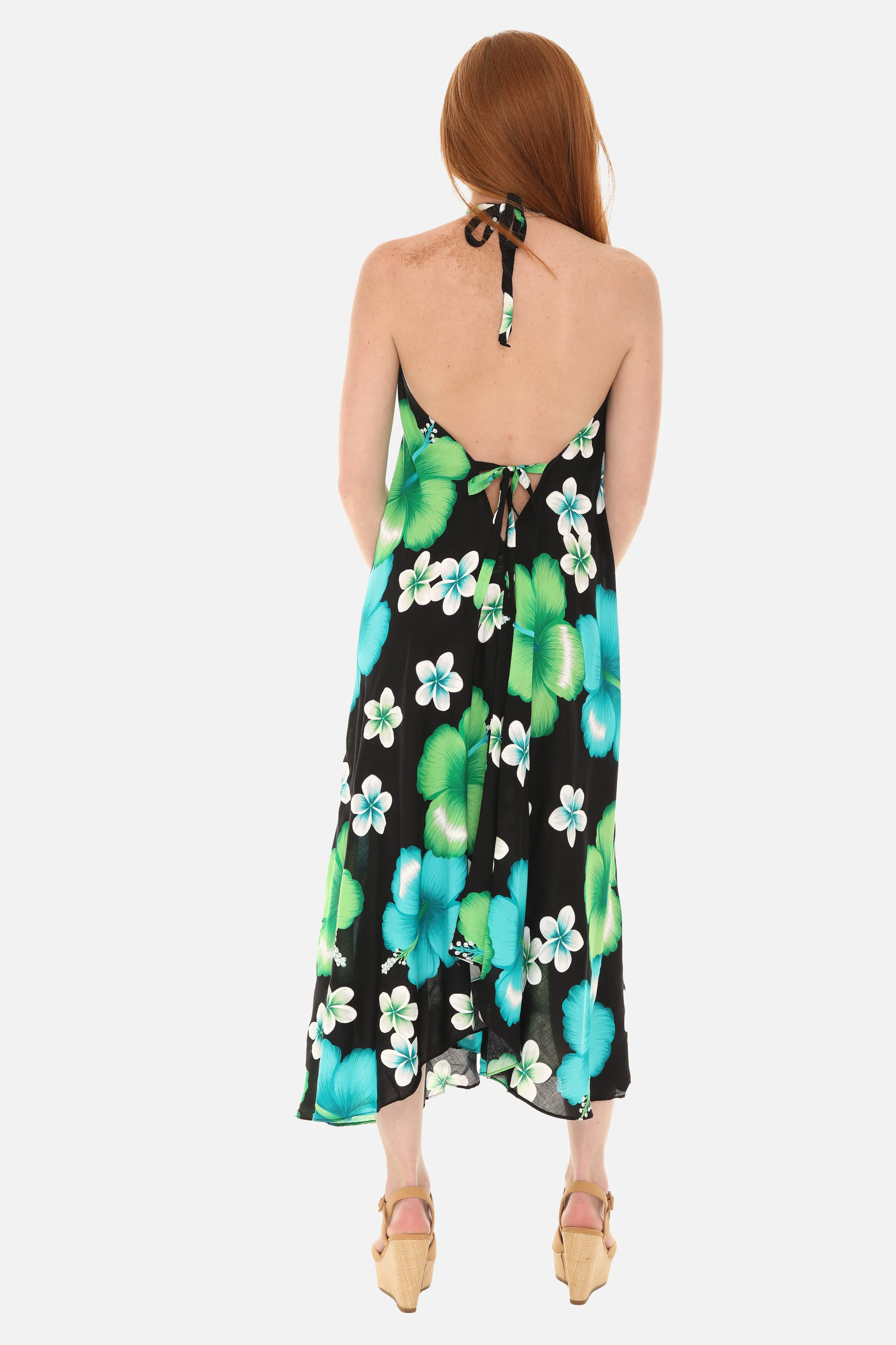 Large Floral Island Print Challis Halter Midi Dress For Women