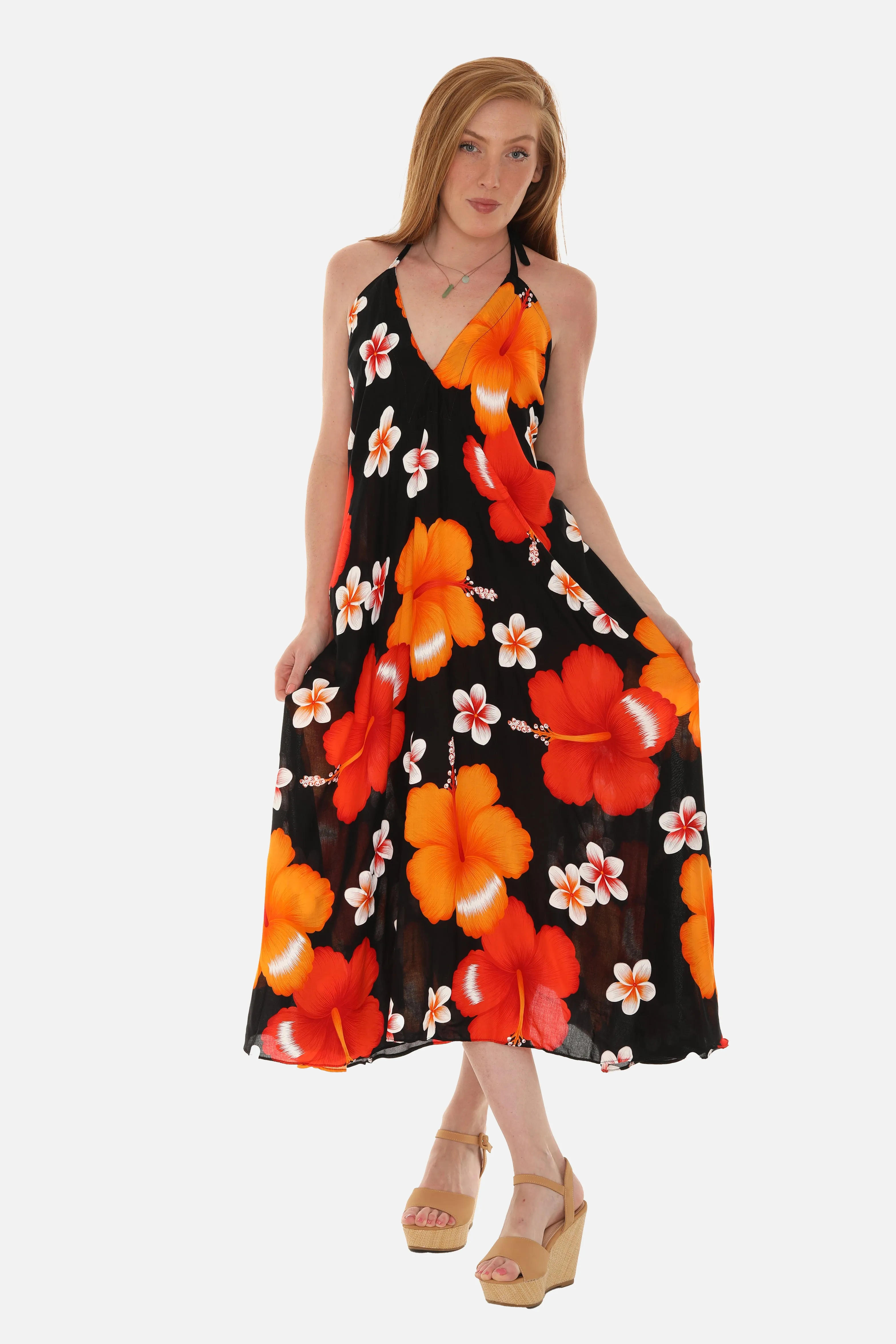 Large Floral Island Print Challis Halter Midi Dress For Women