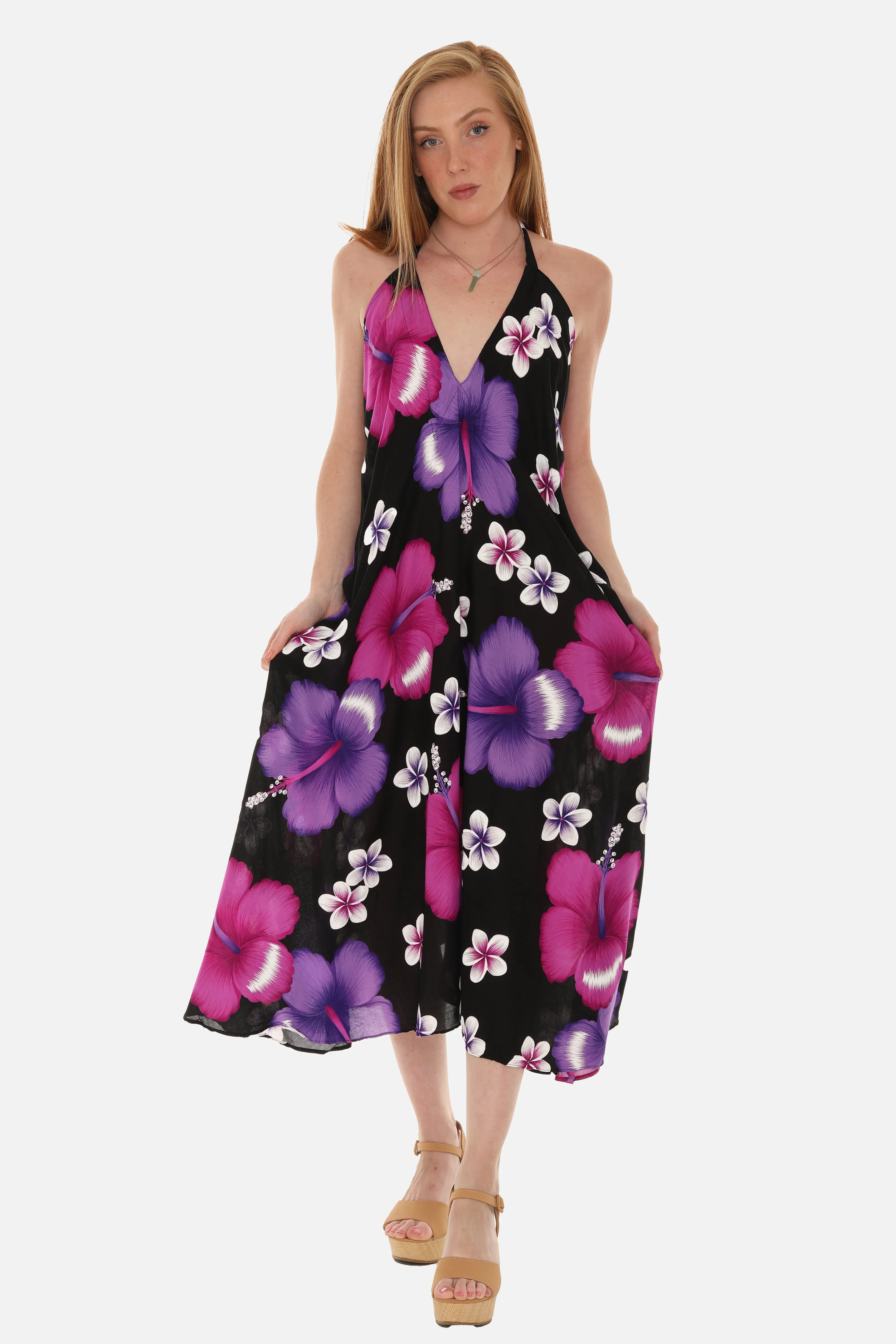 Large Floral Island Print Challis Halter Midi Dress For Women