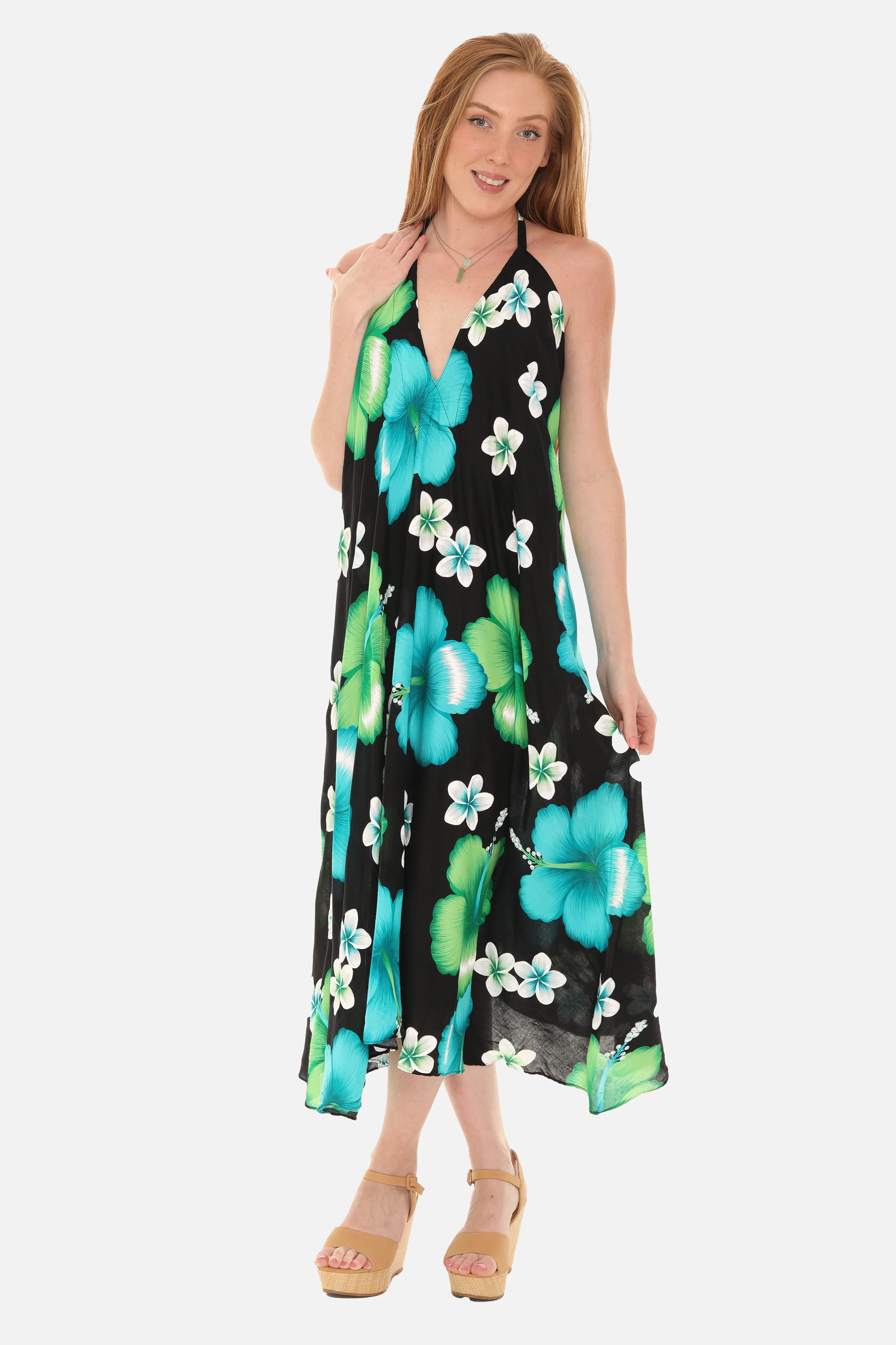Large Floral Island Print Challis Halter Midi Dress For Women
