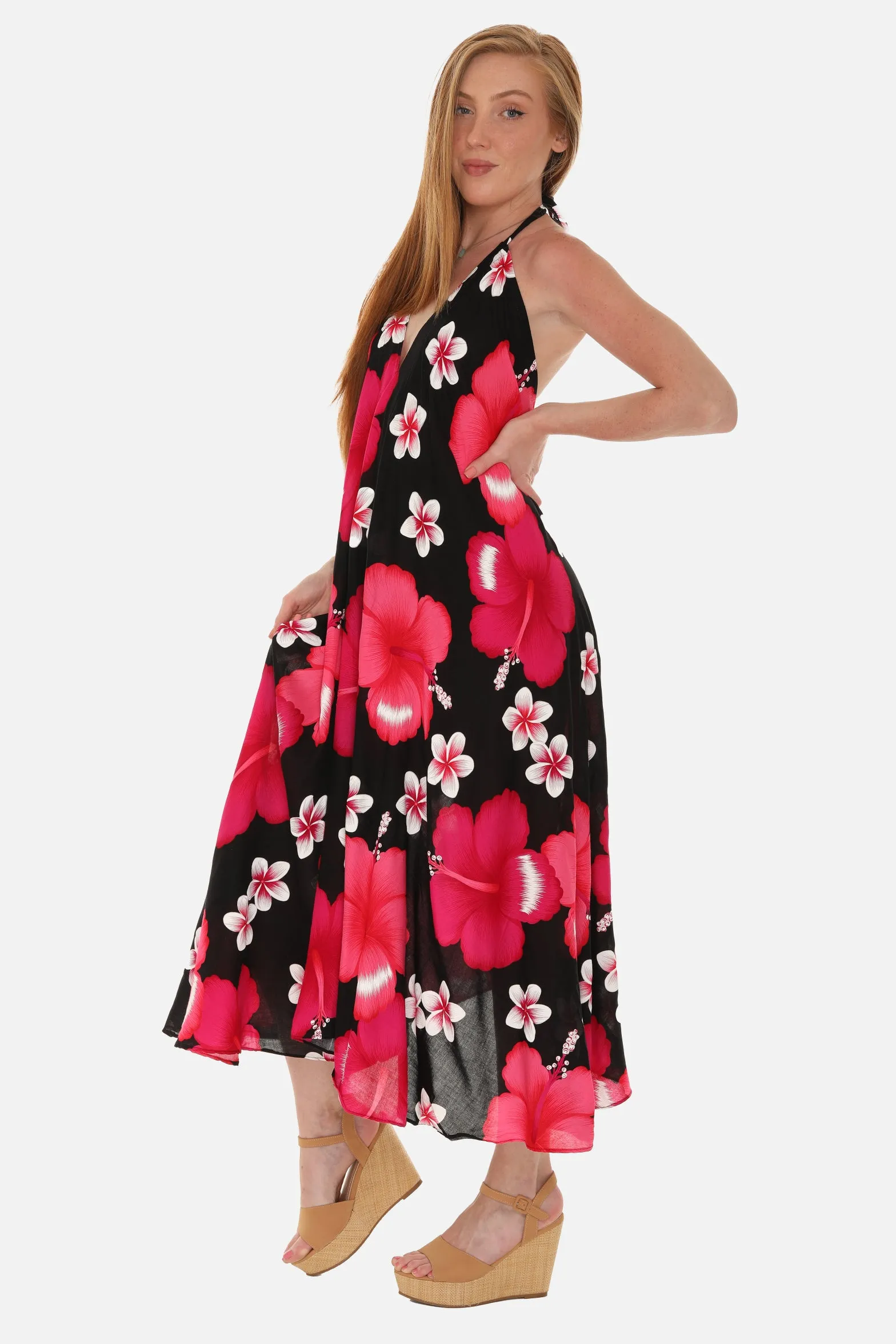 Large Floral Island Print Challis Halter Midi Dress For Women