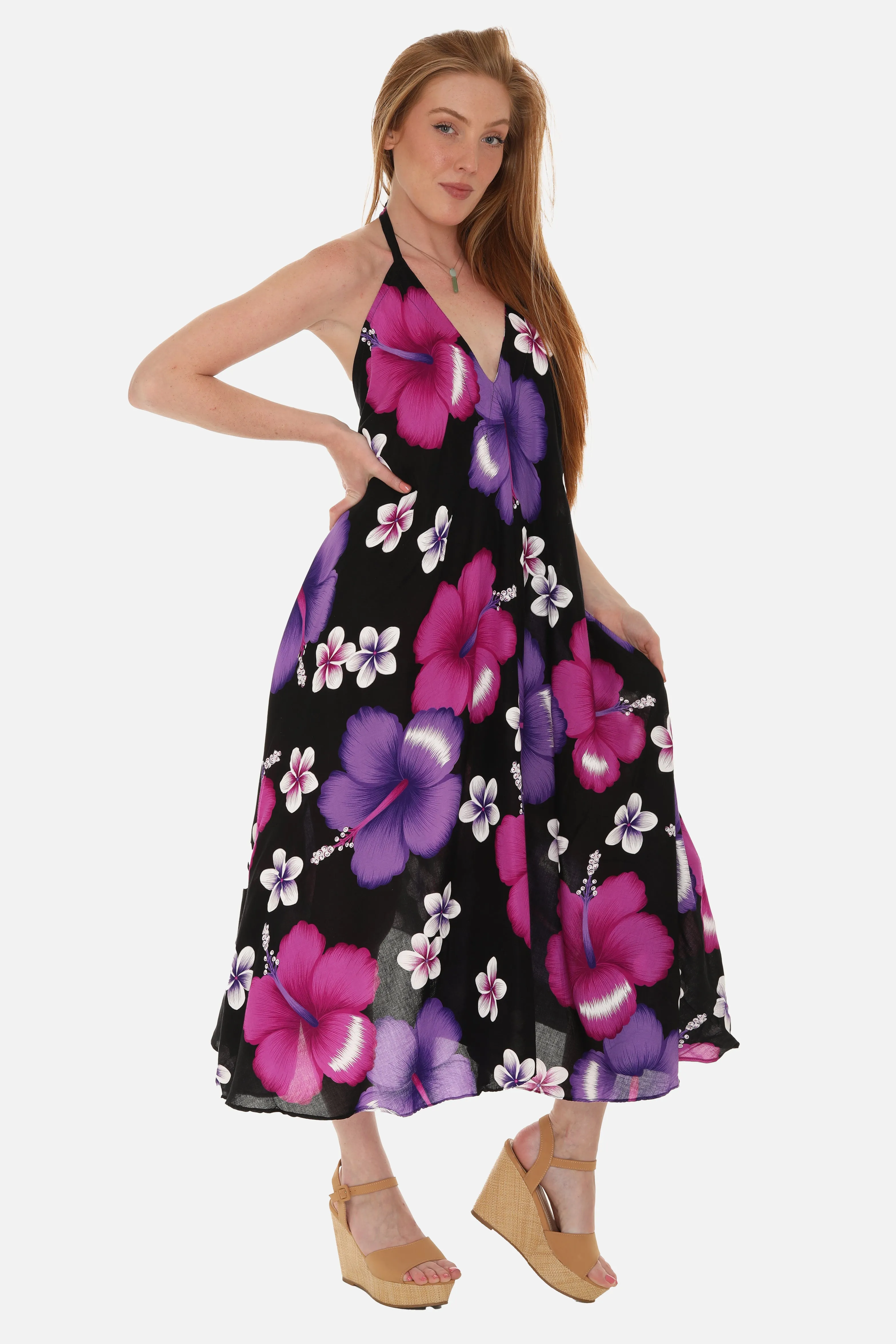 Large Floral Island Print Challis Halter Midi Dress For Women