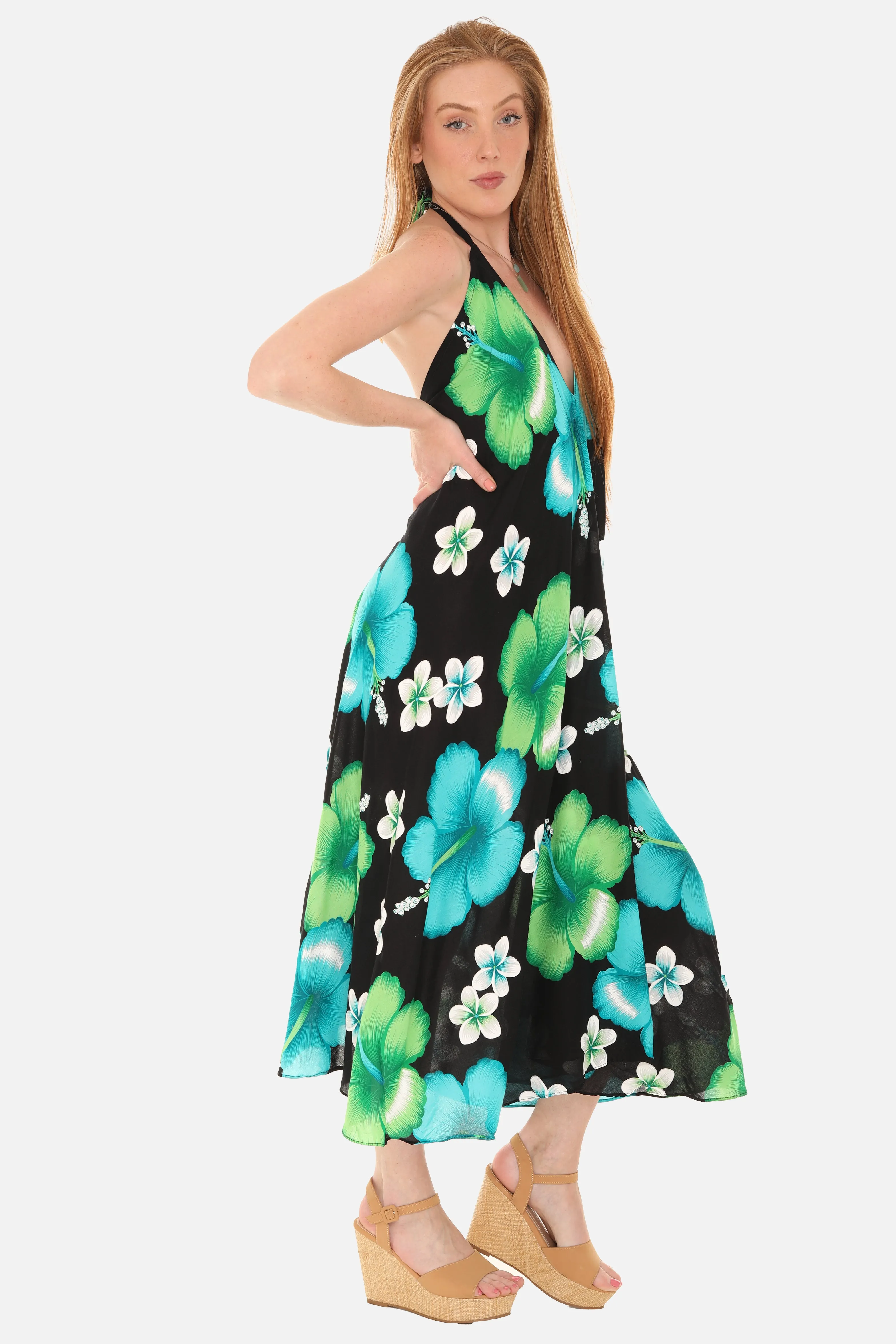 Large Floral Island Print Challis Halter Midi Dress For Women