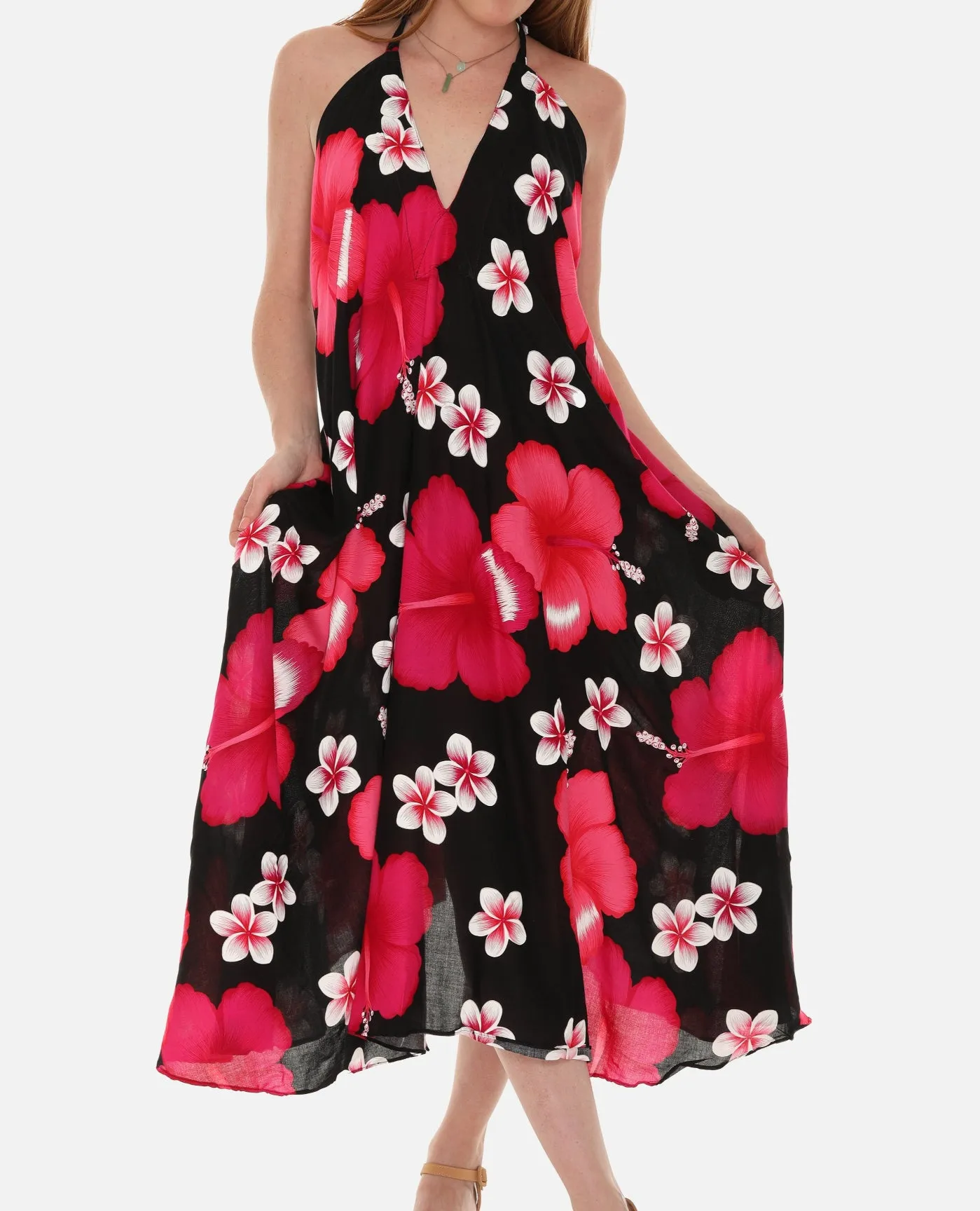 Large Floral Island Print Challis Halter Midi Dress For Women