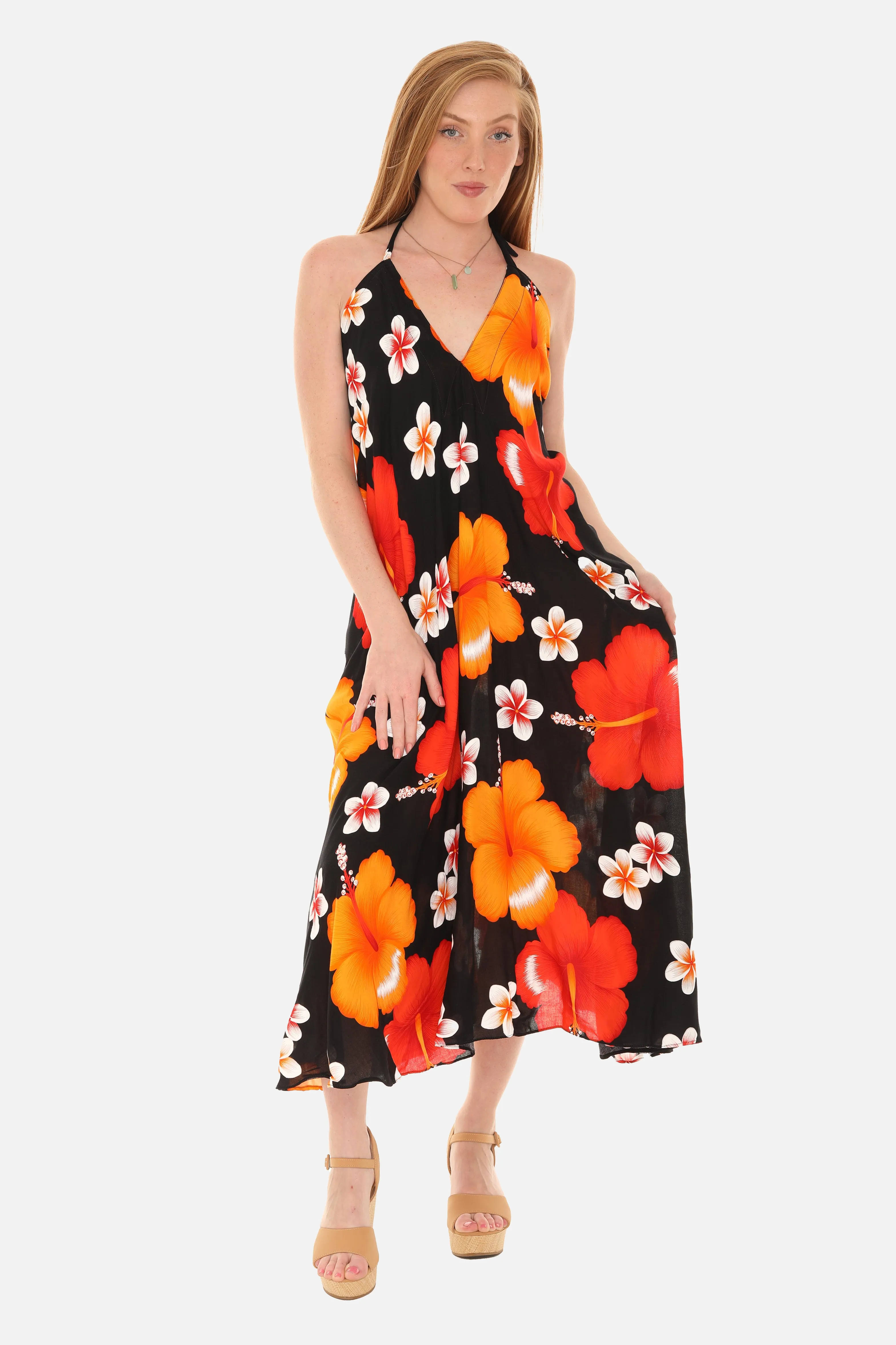 Large Floral Island Print Challis Halter Midi Dress For Women
