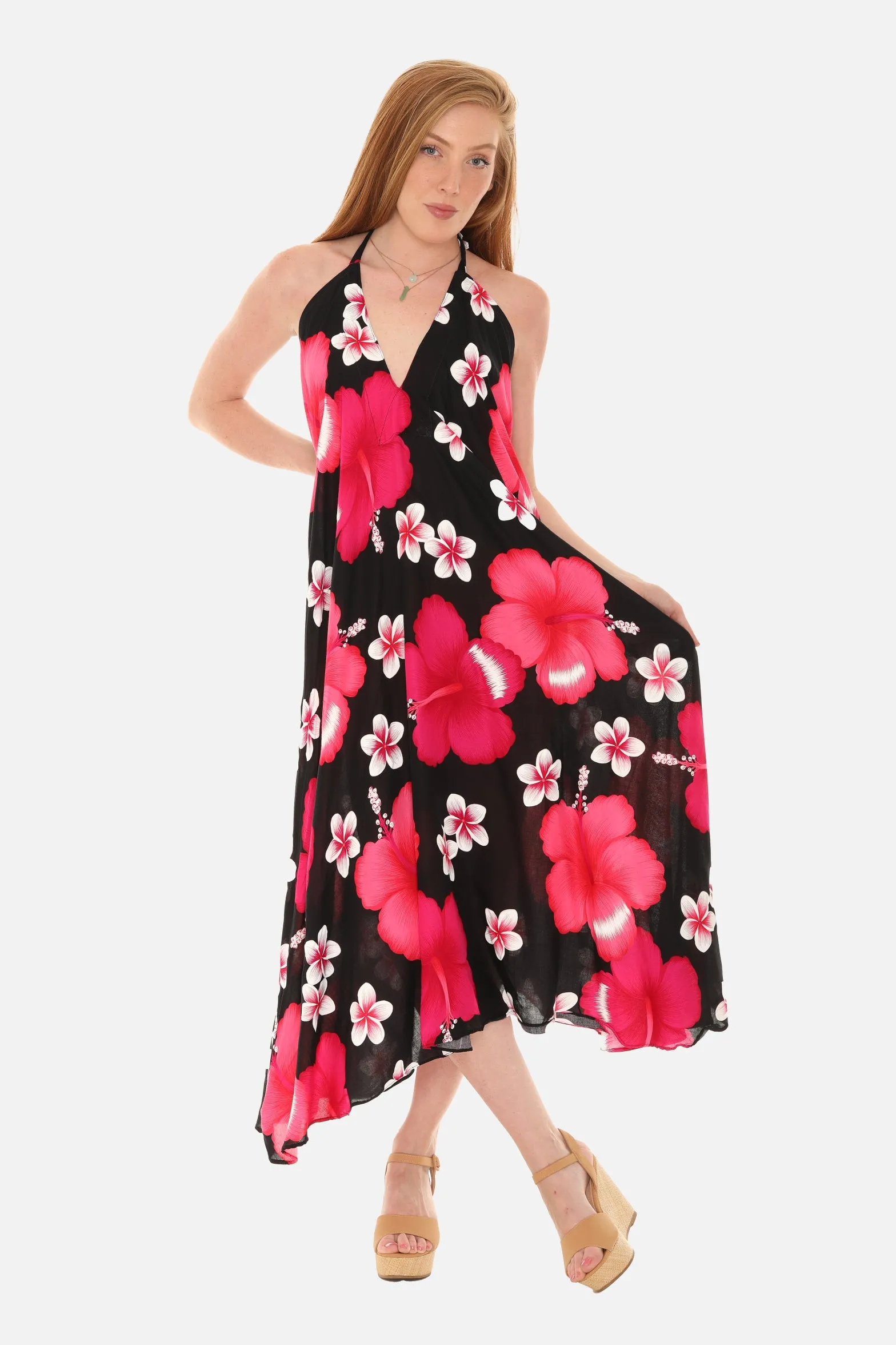 Large Floral Island Print Challis Halter Midi Dress For Women