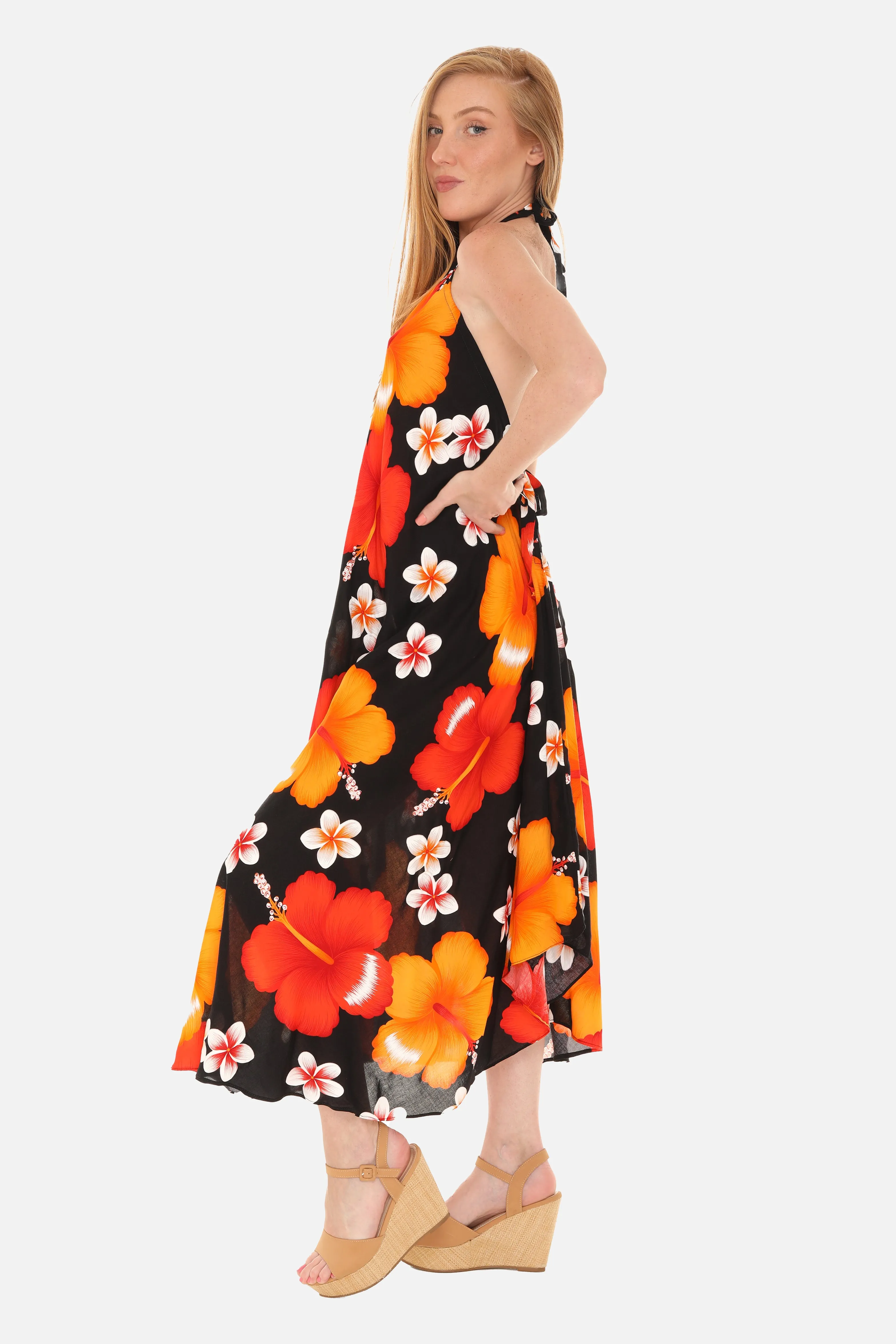 Large Floral Island Print Challis Halter Midi Dress For Women