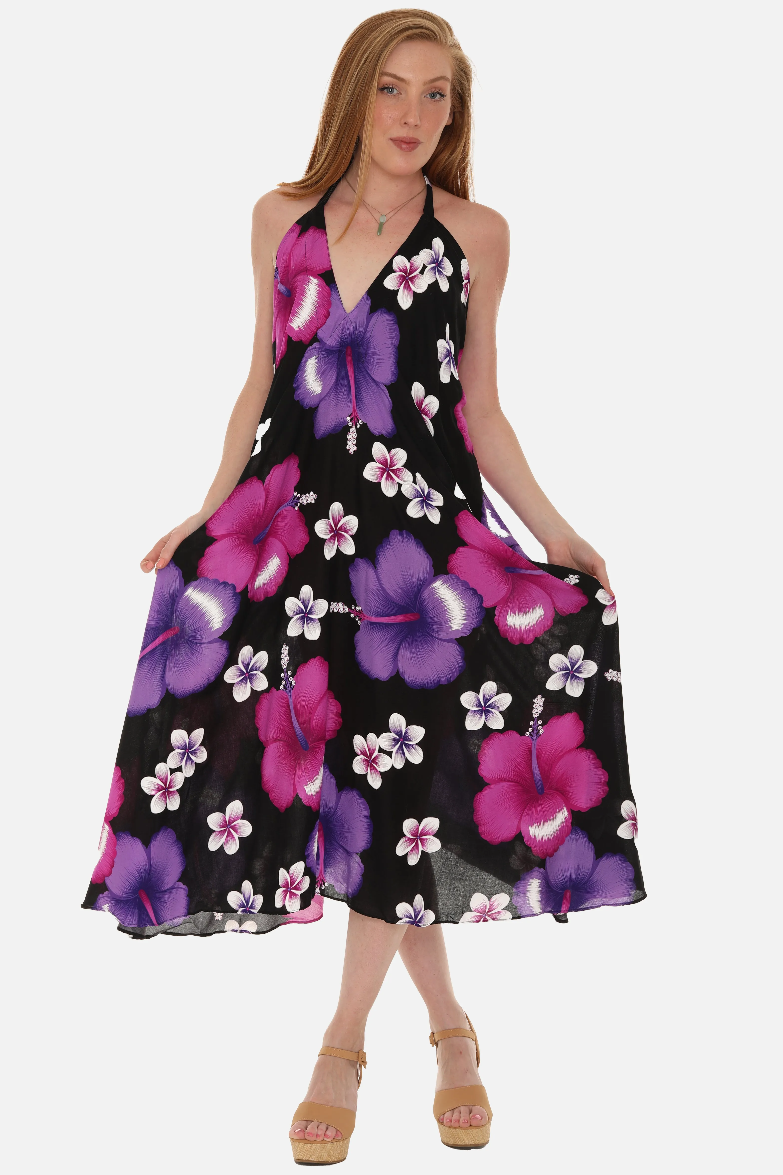 Large Floral Island Print Challis Halter Midi Dress For Women
