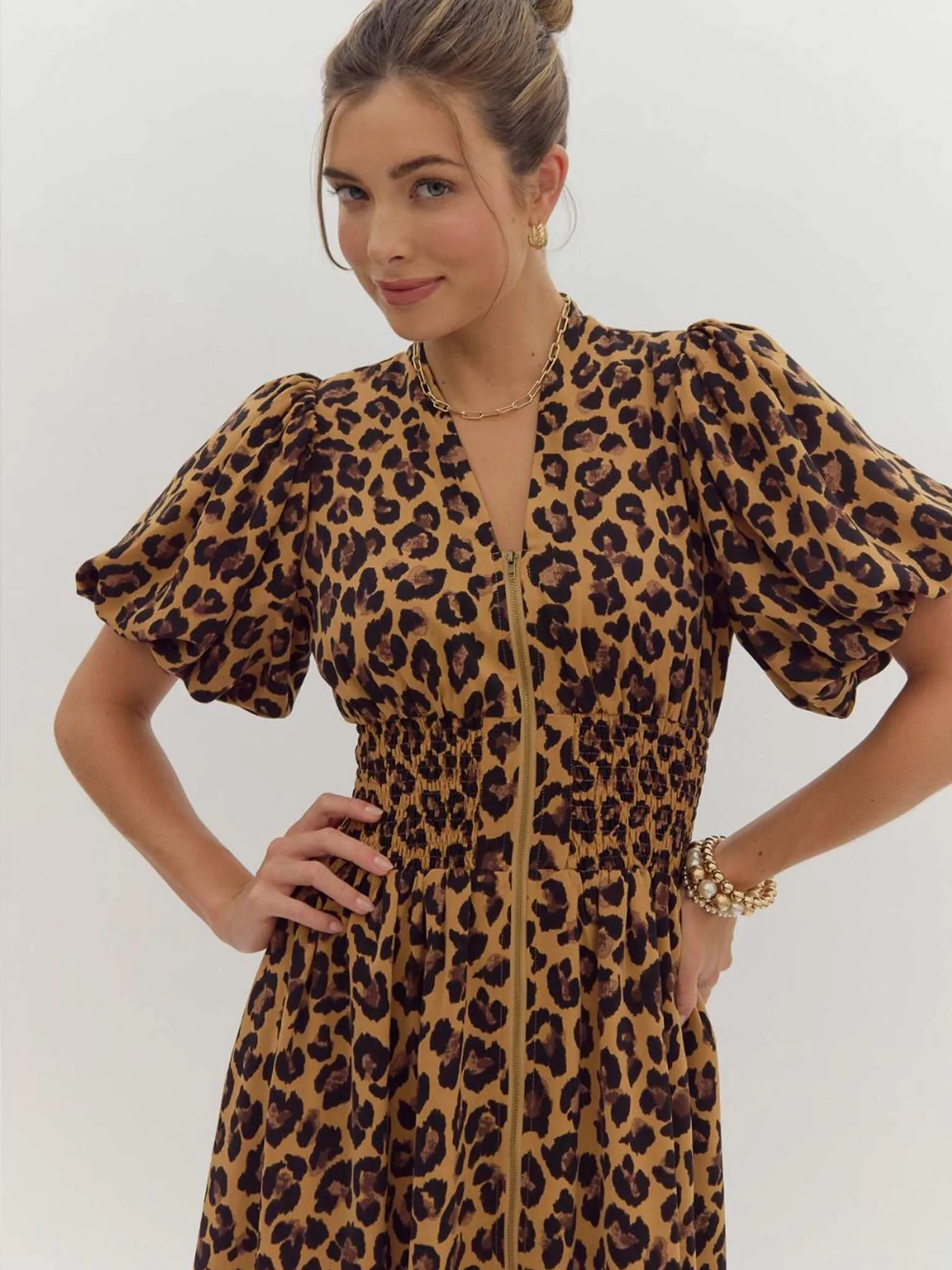 Leopard Print Zip Up Midi Dress