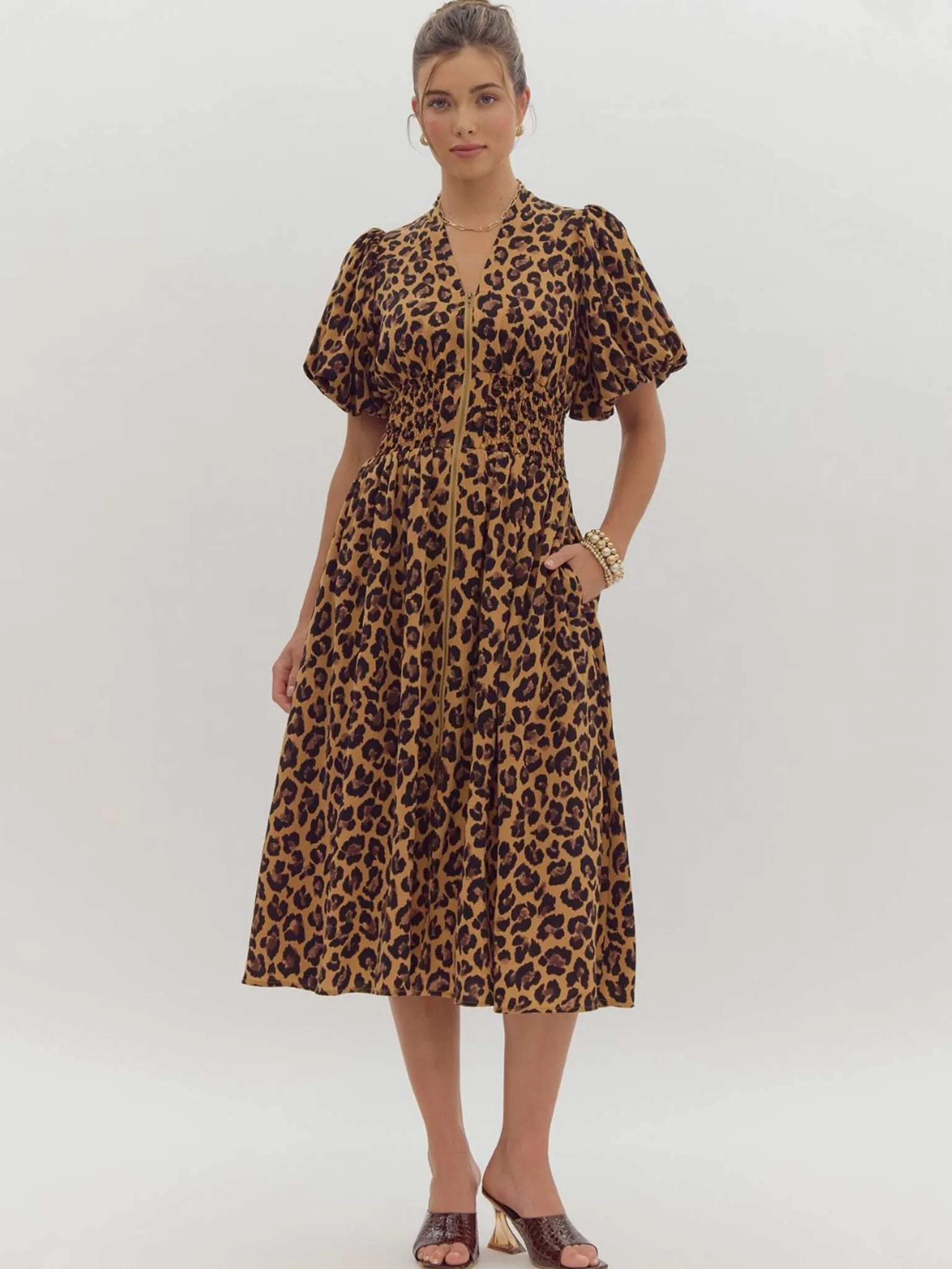 Leopard Print Zip Up Midi Dress
