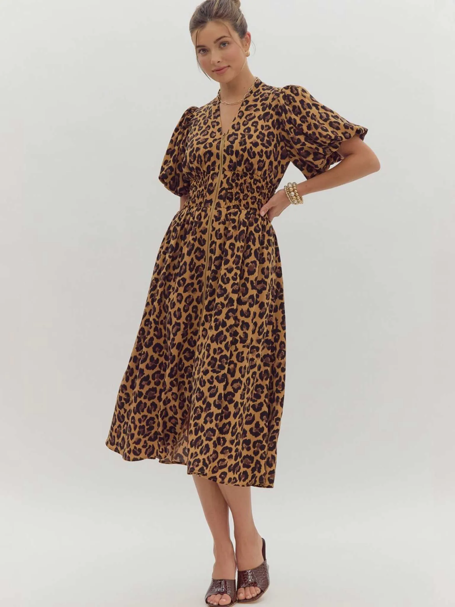 Leopard Print Zip Up Midi Dress