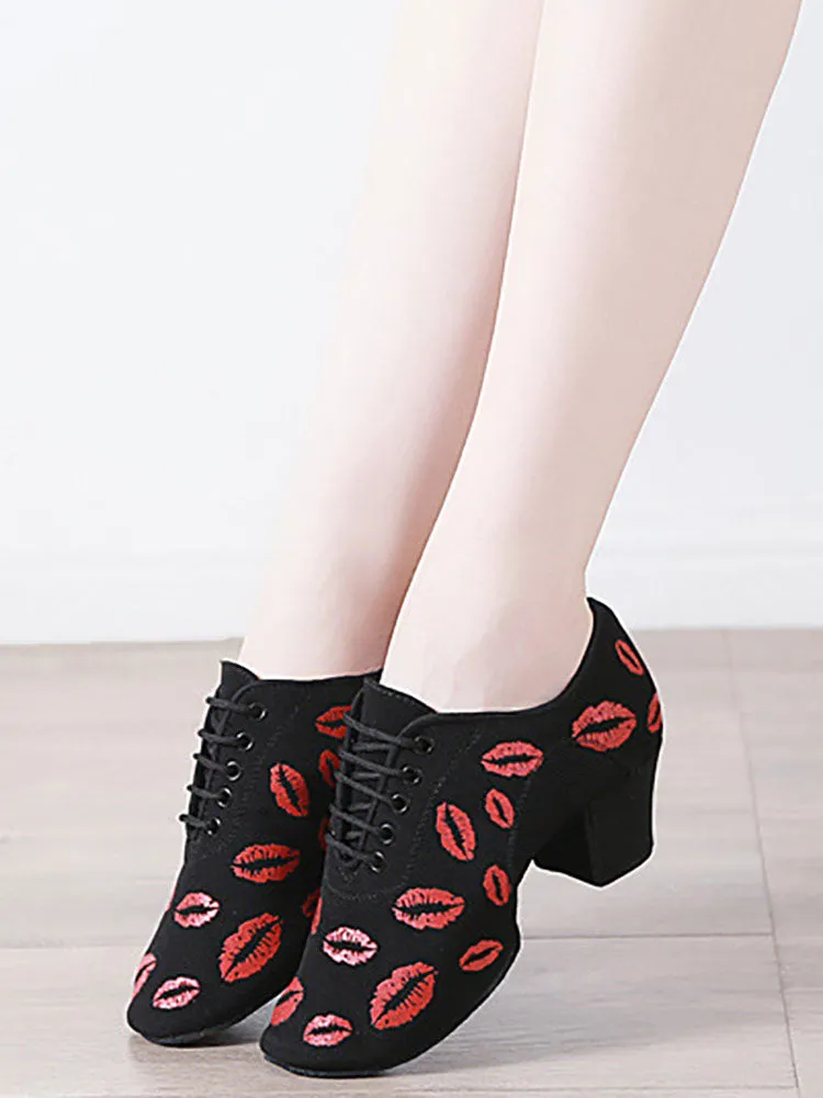 Lip Print Latin Dance Shoes Mid Heel Oxford Soft Sole Mesh Shoes