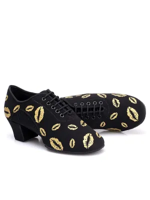 Lip Print Latin Dance Shoes Mid Heel Oxford Soft Sole Mesh Shoes