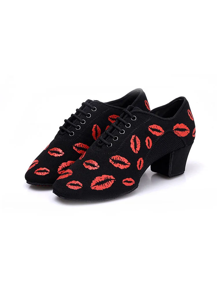 Lip Print Latin Dance Shoes Mid Heel Oxford Soft Sole Mesh Shoes