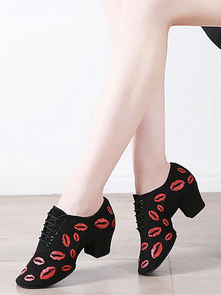 Lip Print Latin Dance Shoes Mid Heel Oxford Soft Sole Mesh Shoes
