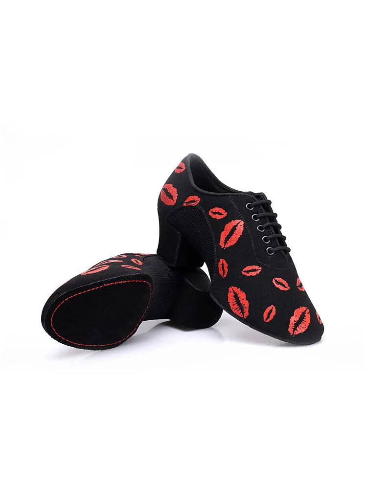 Lip Print Latin Dance Shoes Mid Heel Oxford Soft Sole Mesh Shoes
