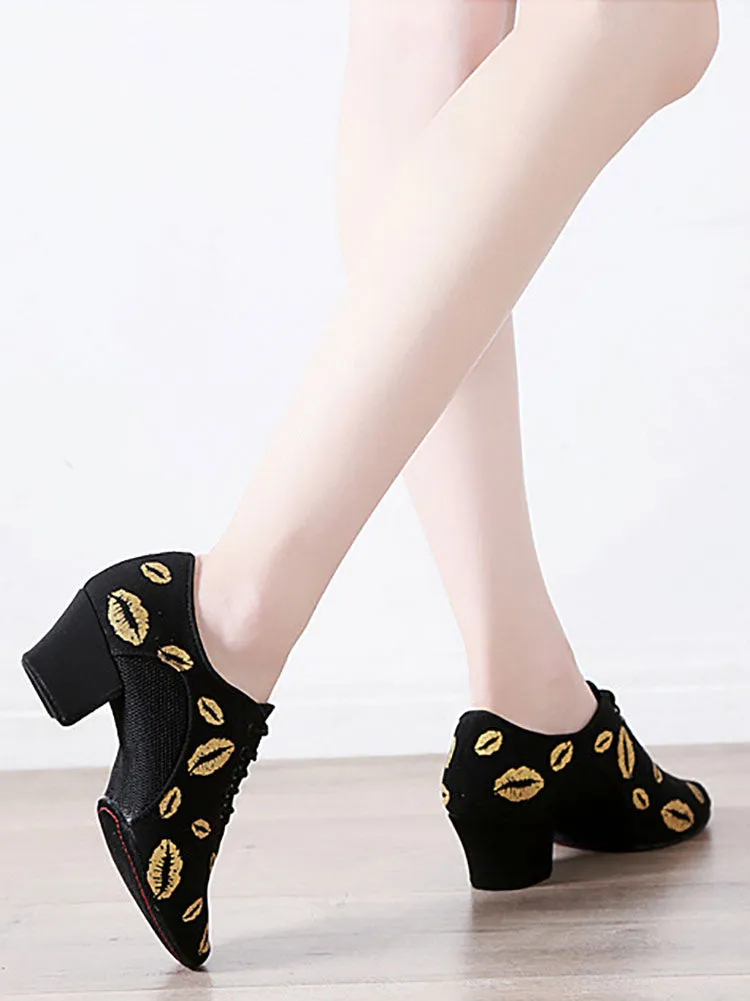 Lip Print Latin Dance Shoes Mid Heel Oxford Soft Sole Mesh Shoes