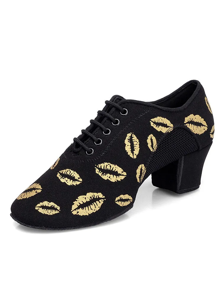 Lip Print Latin Dance Shoes Mid Heel Oxford Soft Sole Mesh Shoes