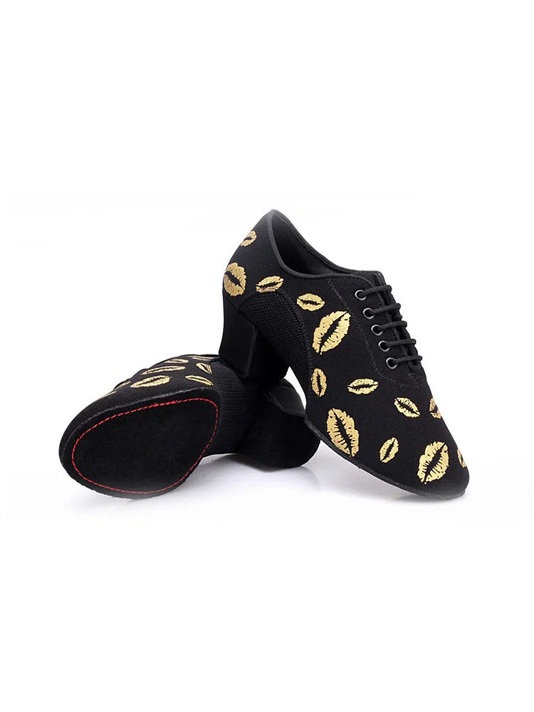 Lip Print Latin Dance Shoes Mid Heel Oxford Soft Sole Mesh Shoes