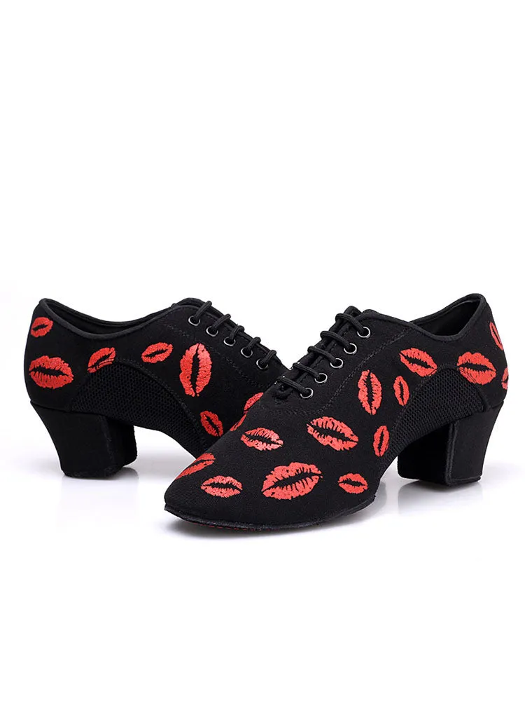 Lip Print Latin Dance Shoes Mid Heel Oxford Soft Sole Mesh Shoes
