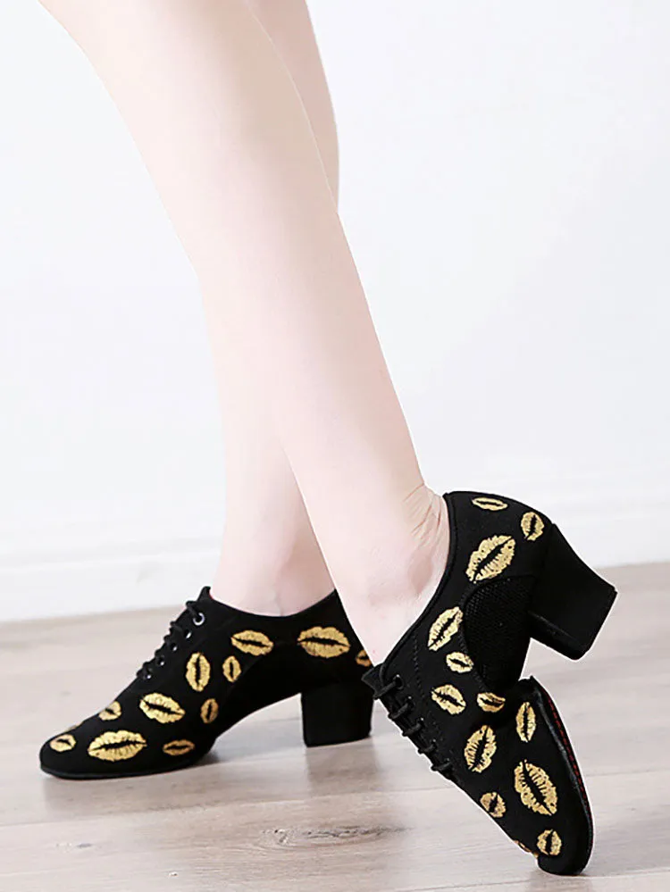 Lip Print Latin Dance Shoes Mid Heel Oxford Soft Sole Mesh Shoes