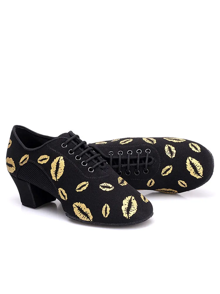 Lip Print Latin Dance Shoes Mid Heel Oxford Soft Sole Mesh Shoes