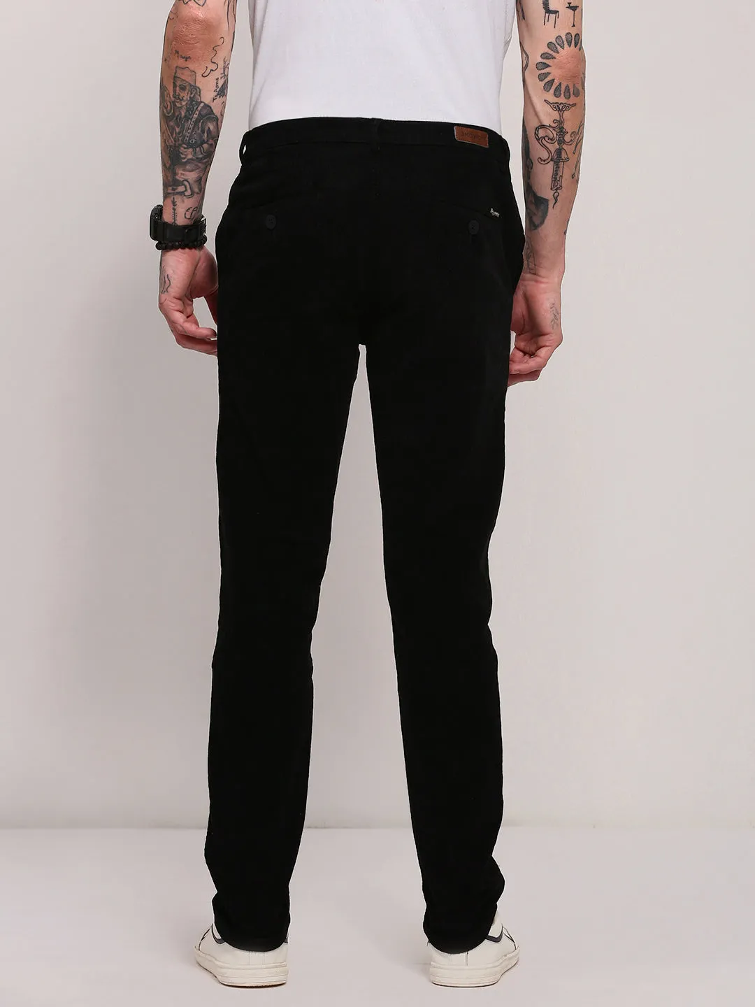 Men Black Solid Slim Fit Low-Rise Cotton Trousers