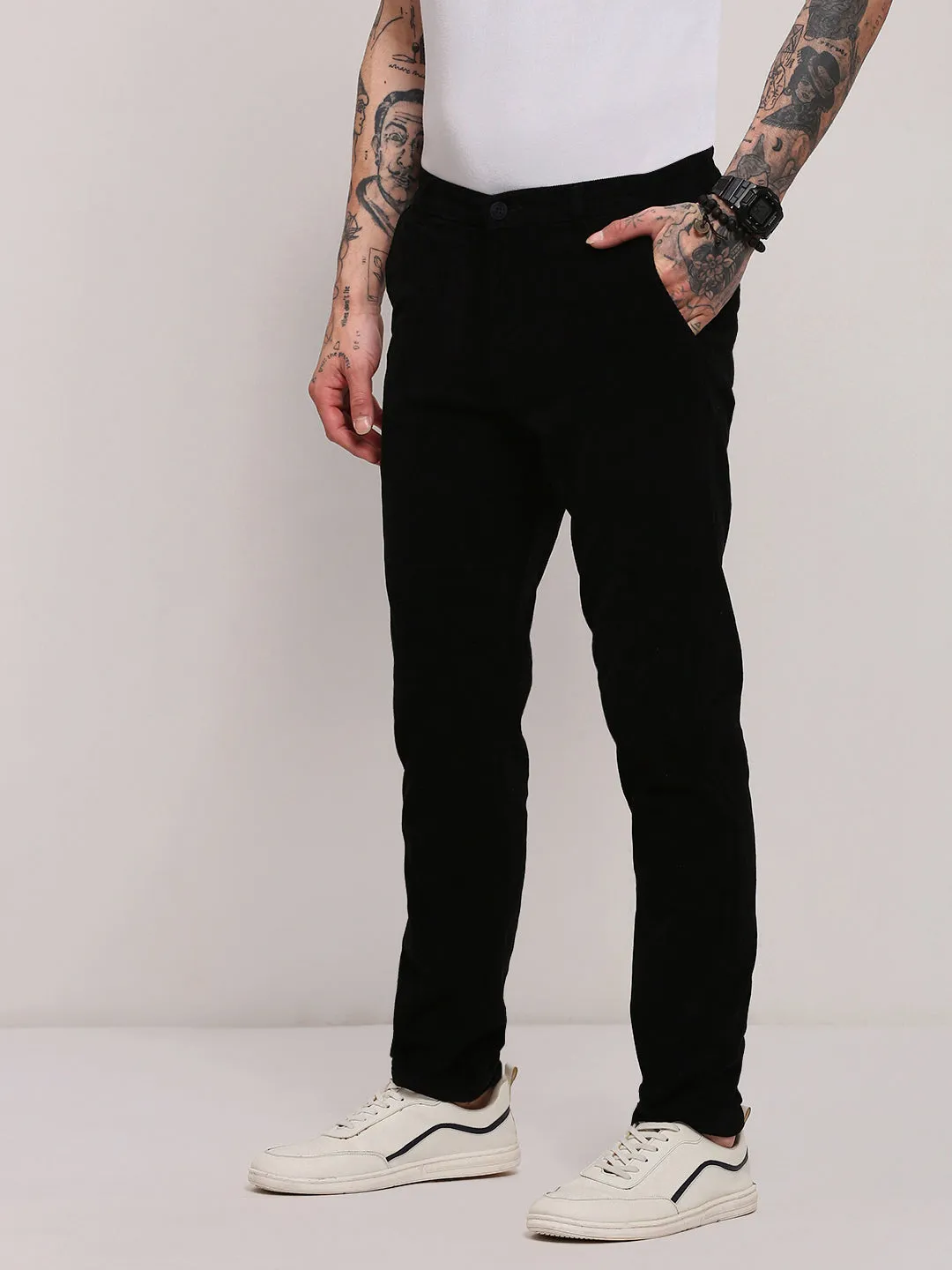 Men Black Solid Slim Fit Low-Rise Cotton Trousers