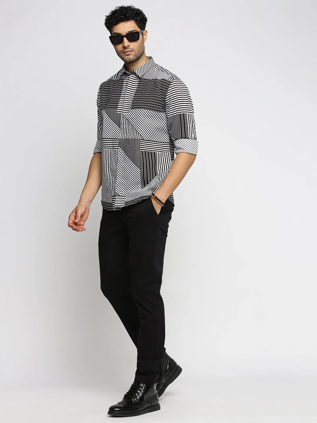 Men Black Standard Striped Cotton Shirt