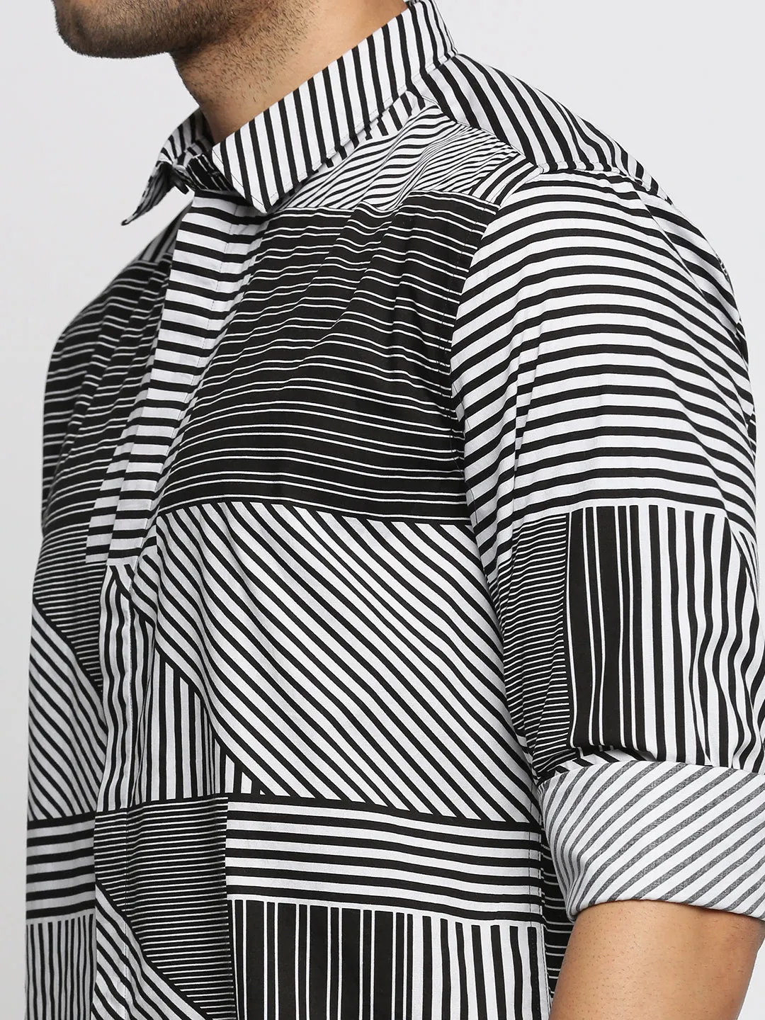Men Black Standard Striped Cotton Shirt