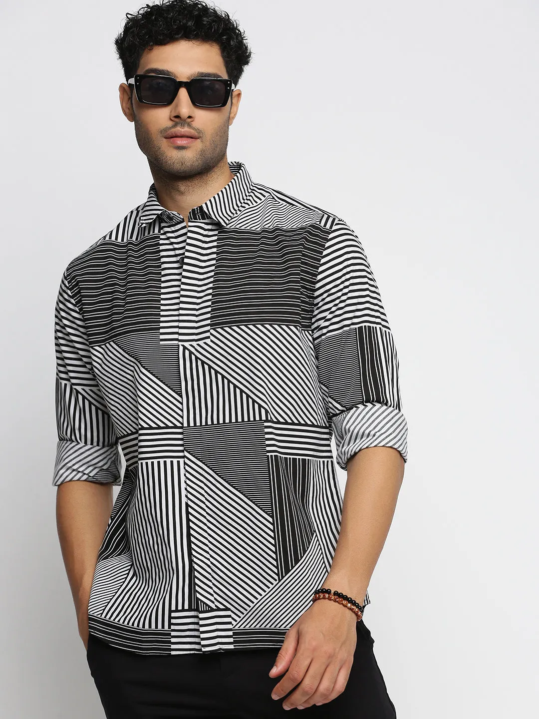 Men Black Standard Striped Cotton Shirt