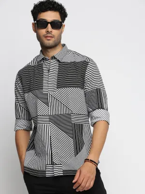 Men Black Standard Striped Cotton Shirt