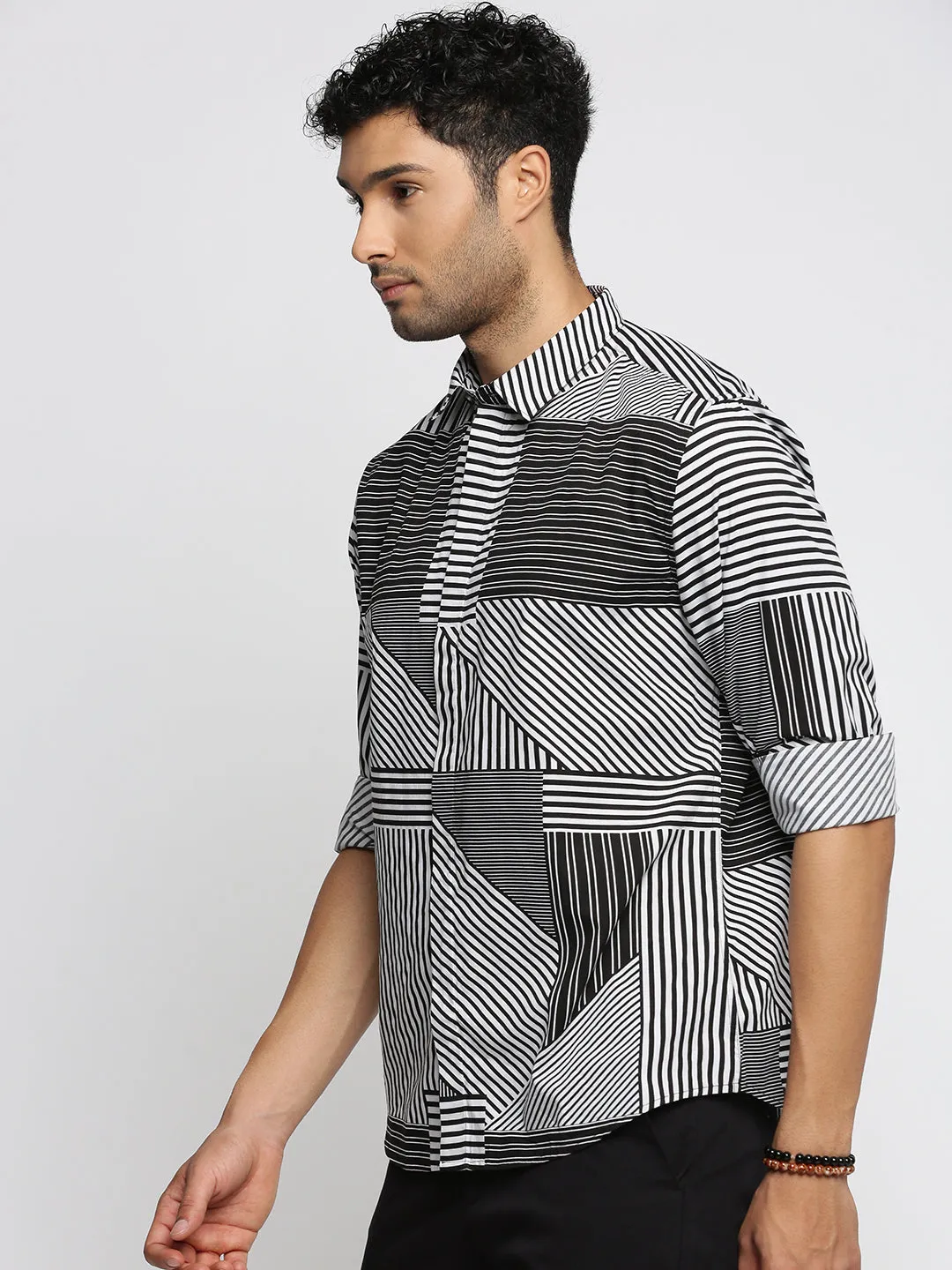 Men Black Standard Striped Cotton Shirt