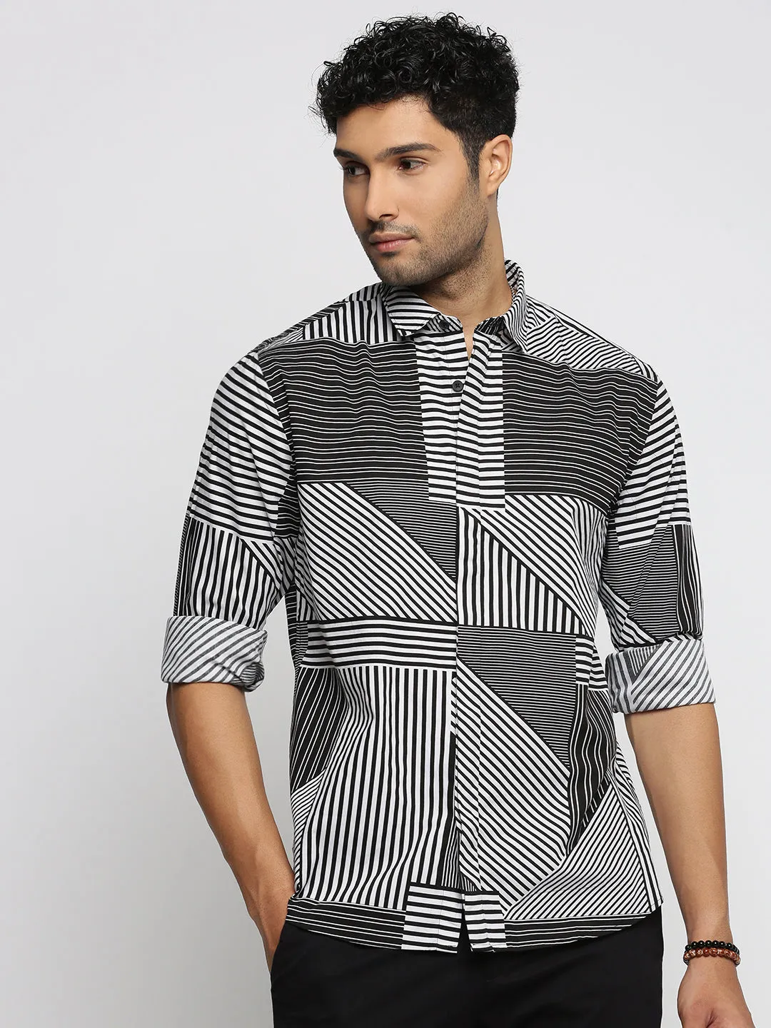Men Black Standard Striped Cotton Shirt