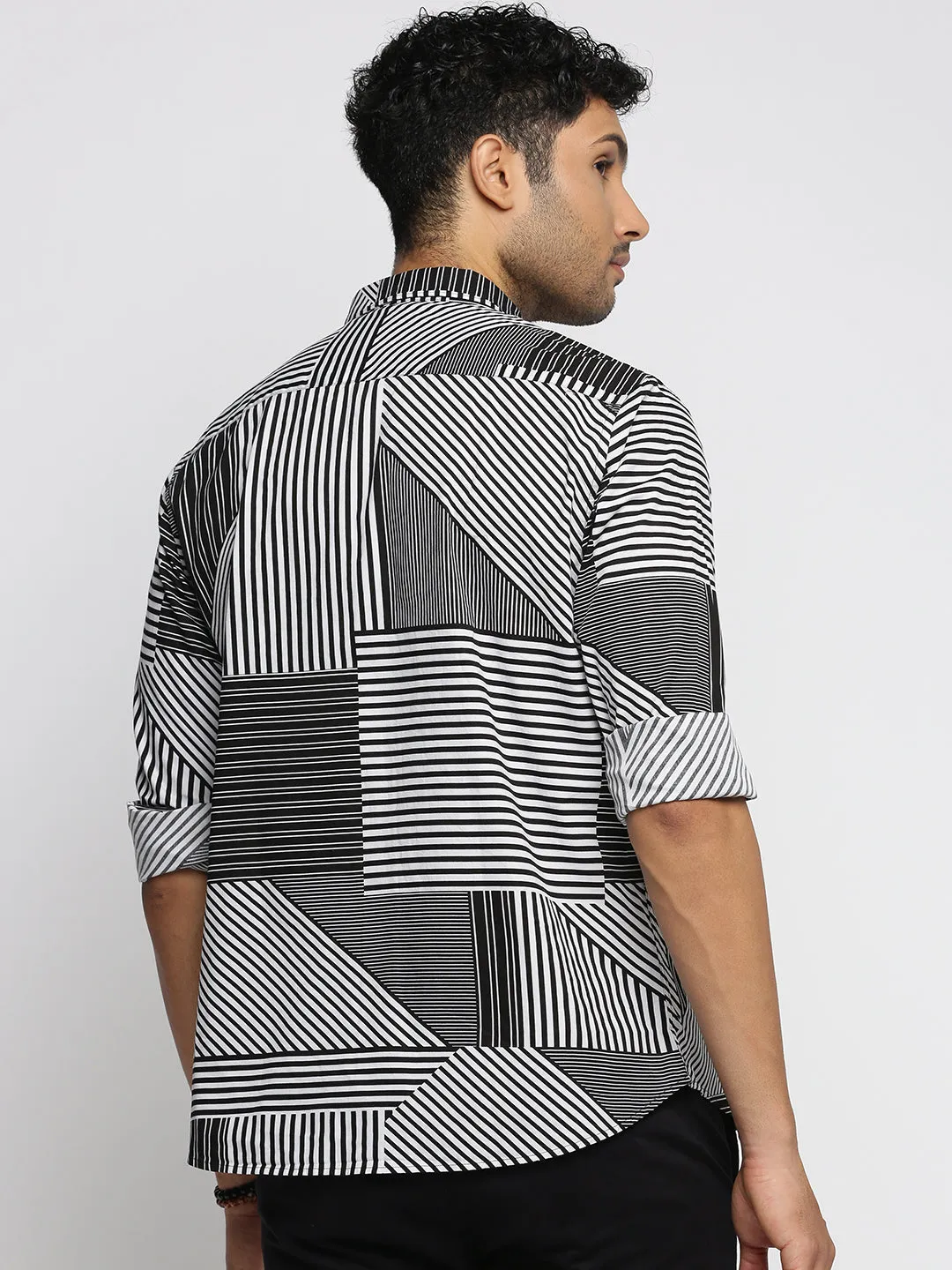 Men Black Standard Striped Cotton Shirt
