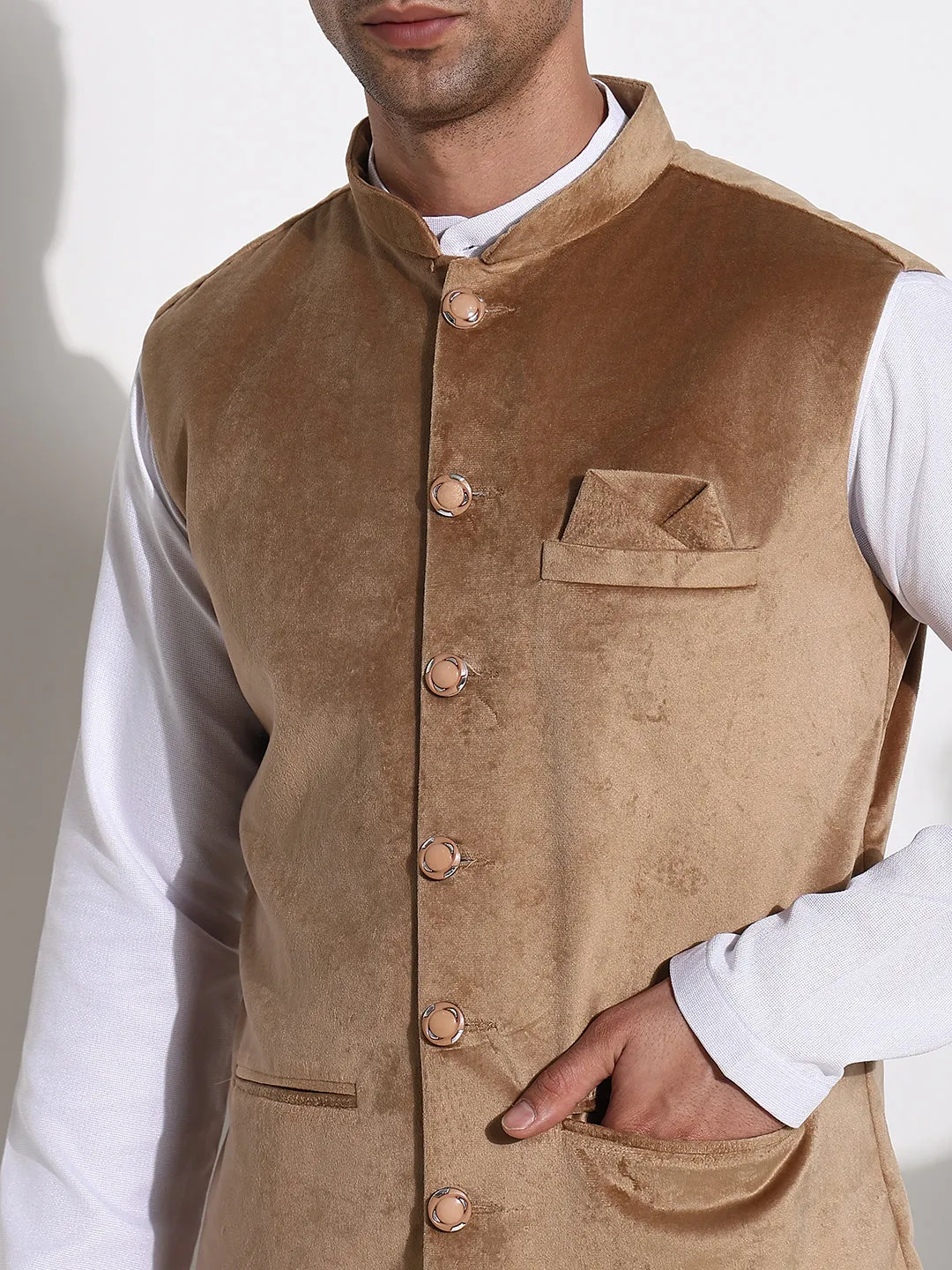 Men Brown Mandarin Collar Solid Nehru Jacket