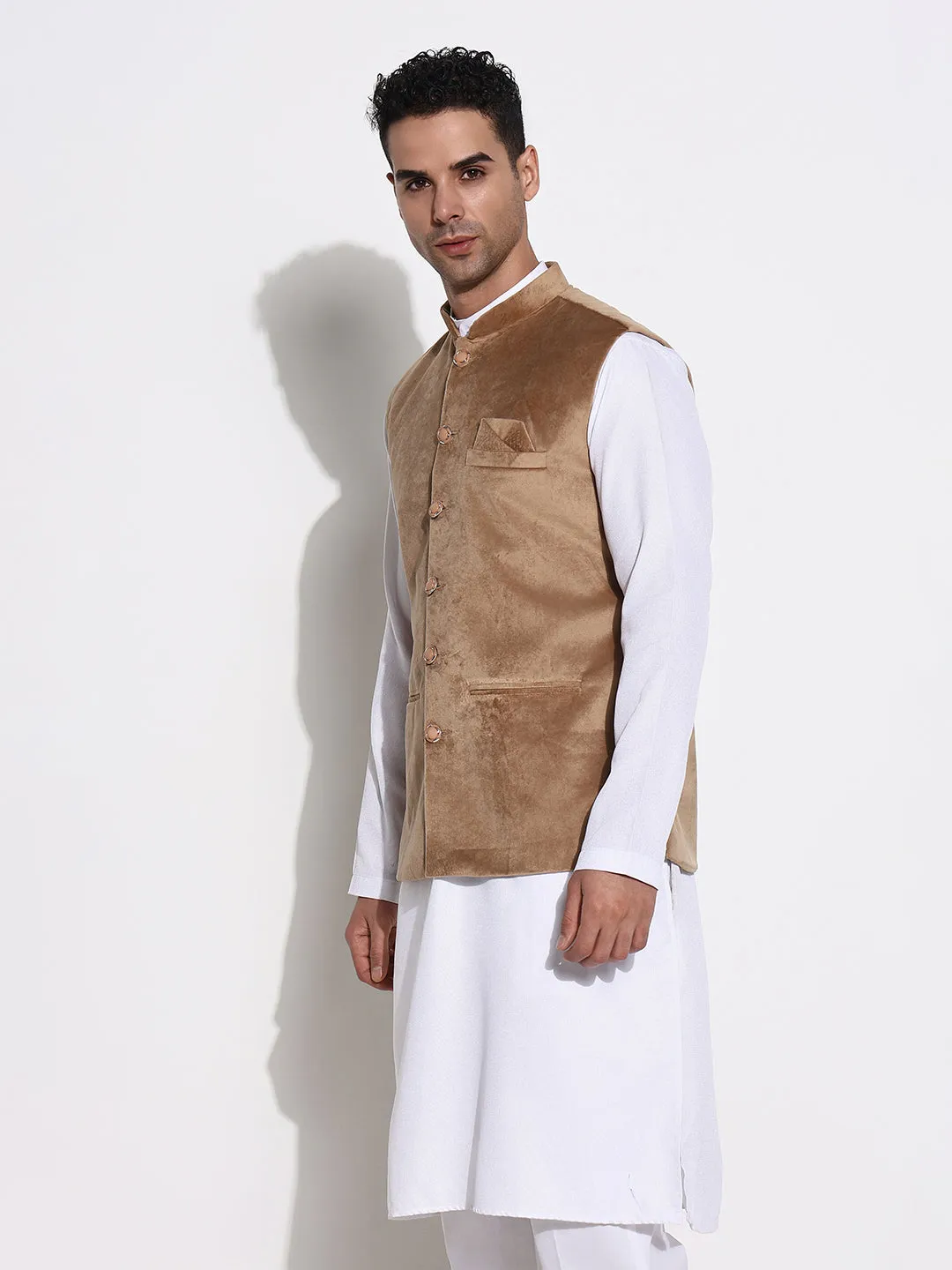 Men Brown Mandarin Collar Solid Nehru Jacket