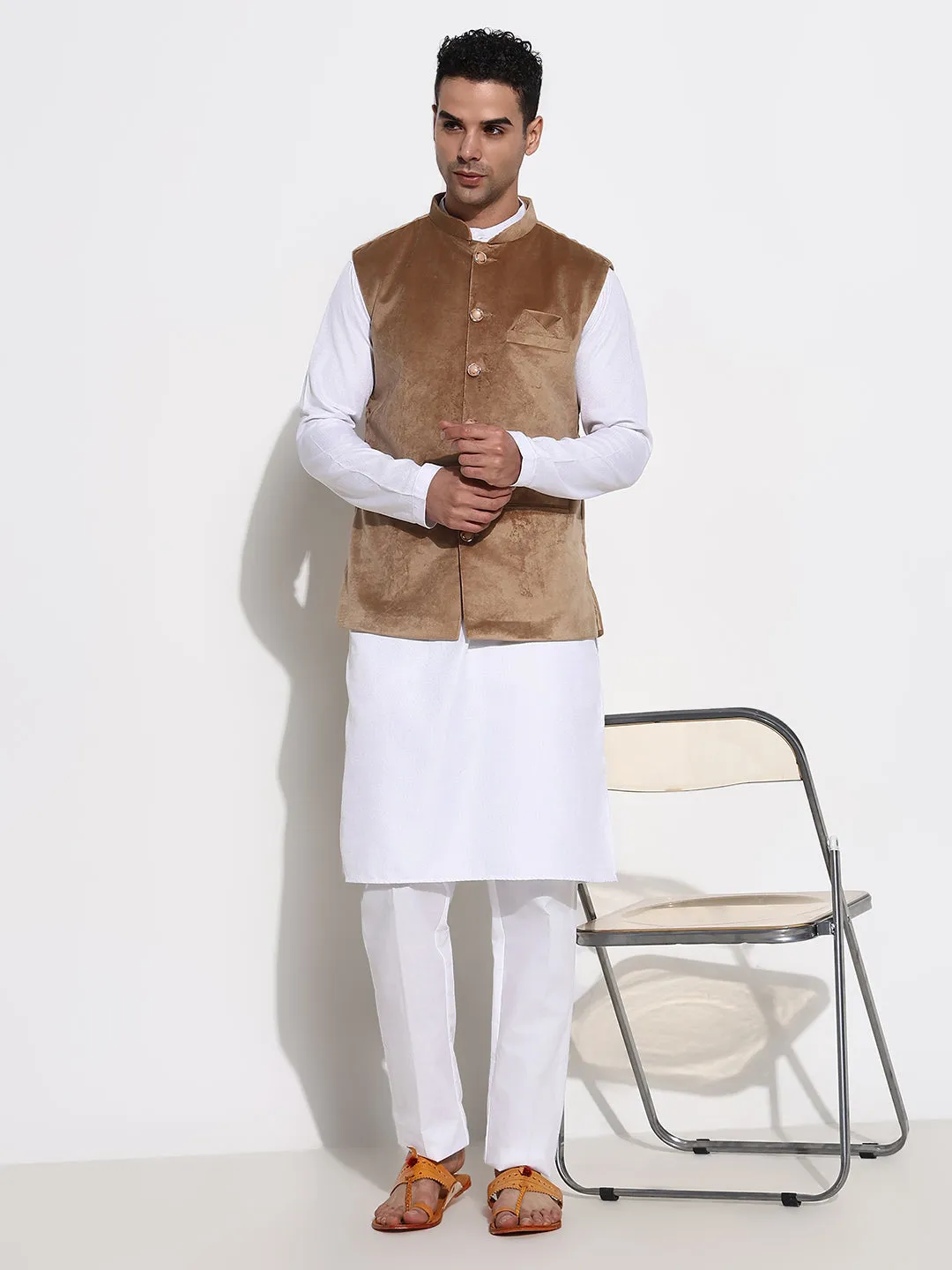 Men Brown Mandarin Collar Solid Nehru Jacket