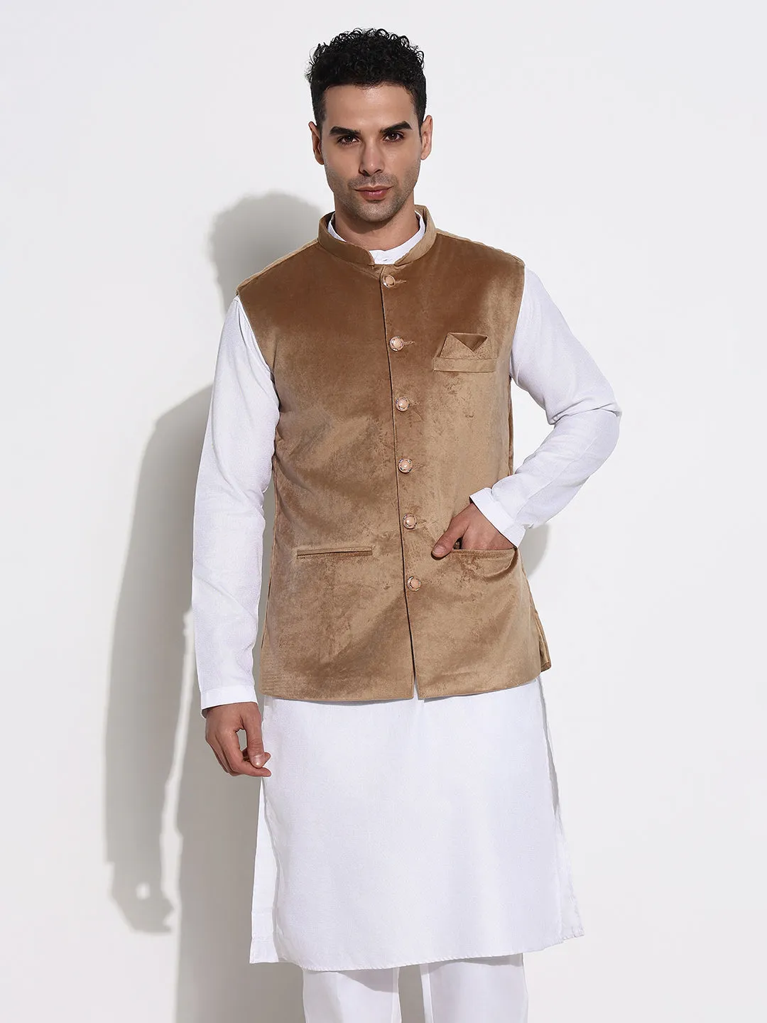 Men Brown Mandarin Collar Solid Nehru Jacket