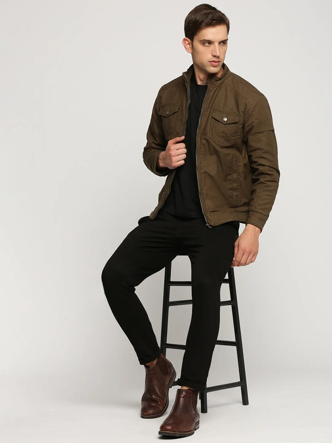 Men Brown Mock Collar Cotton Bomber Jacket