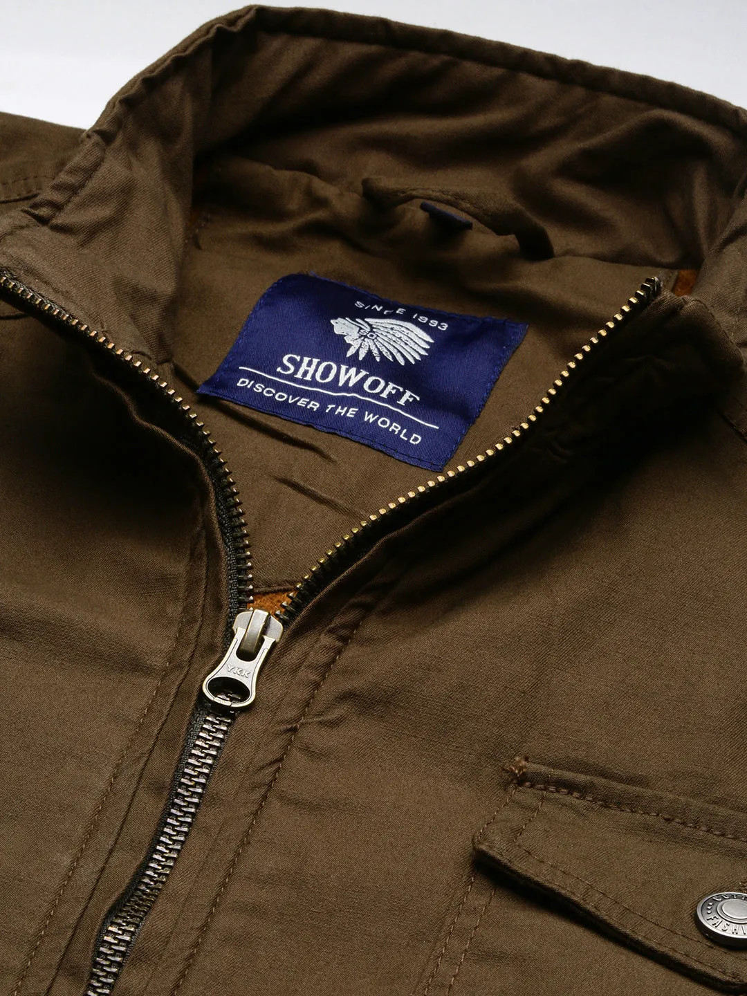 Men Brown Mock Collar Cotton Bomber Jacket