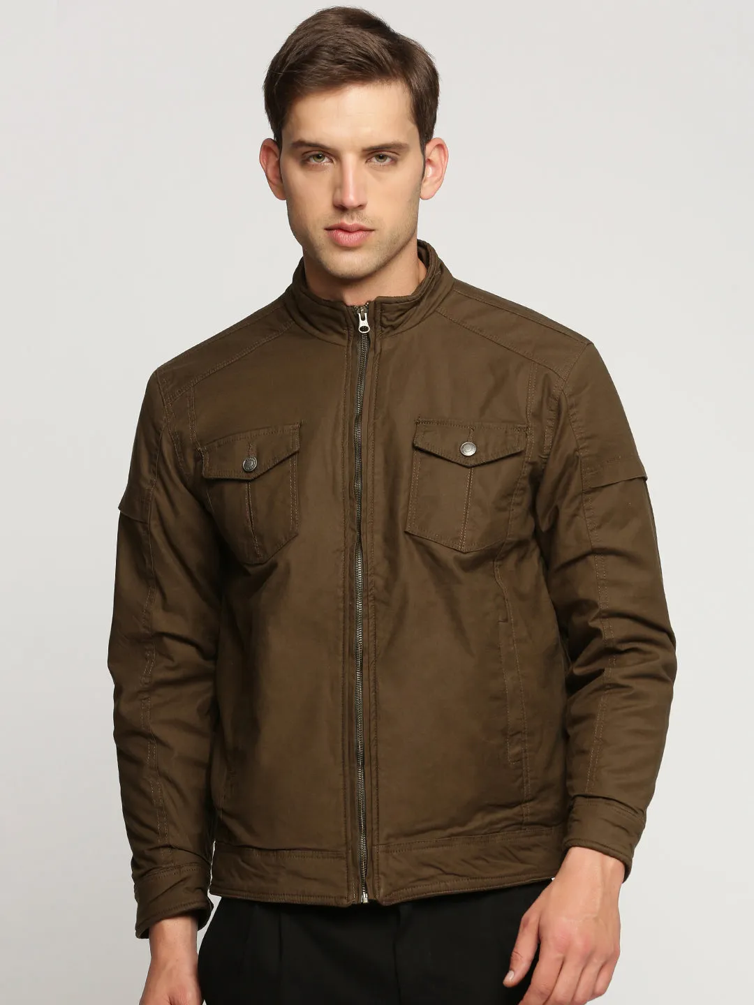 Men Brown Mock Collar Cotton Bomber Jacket