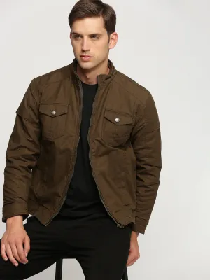Men Brown Mock Collar Cotton Bomber Jacket