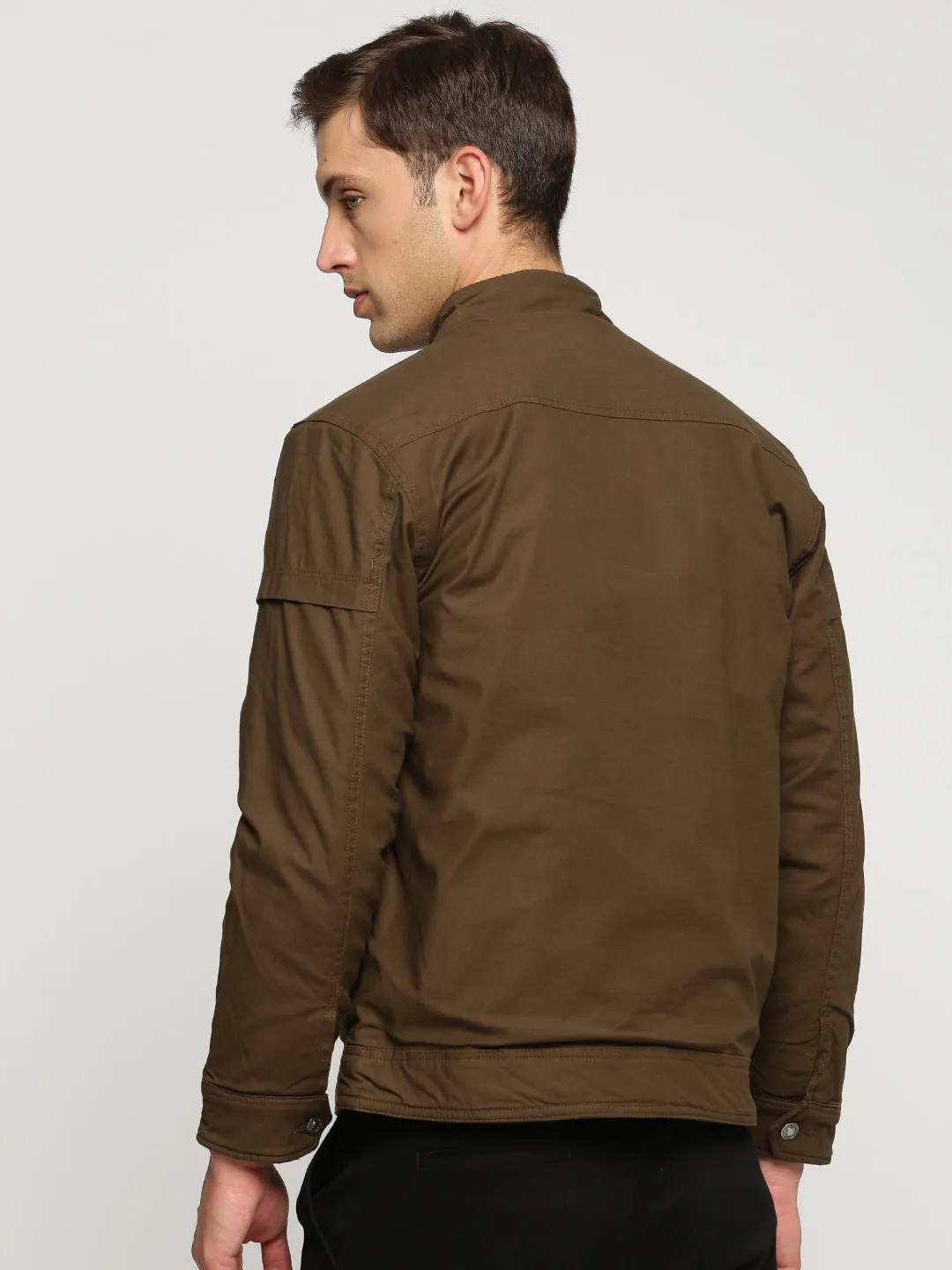 Men Brown Mock Collar Cotton Bomber Jacket