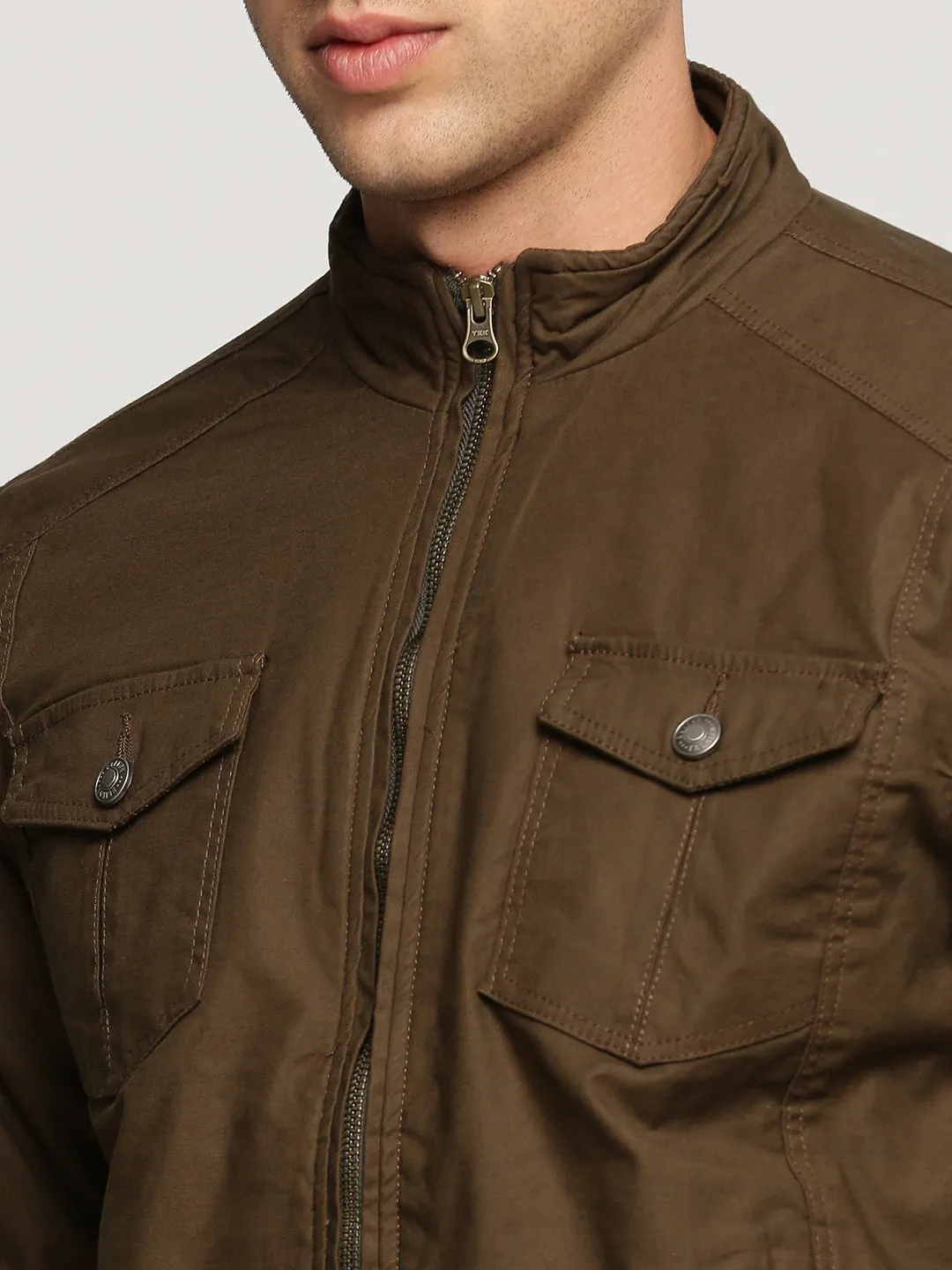 Men Brown Mock Collar Cotton Bomber Jacket