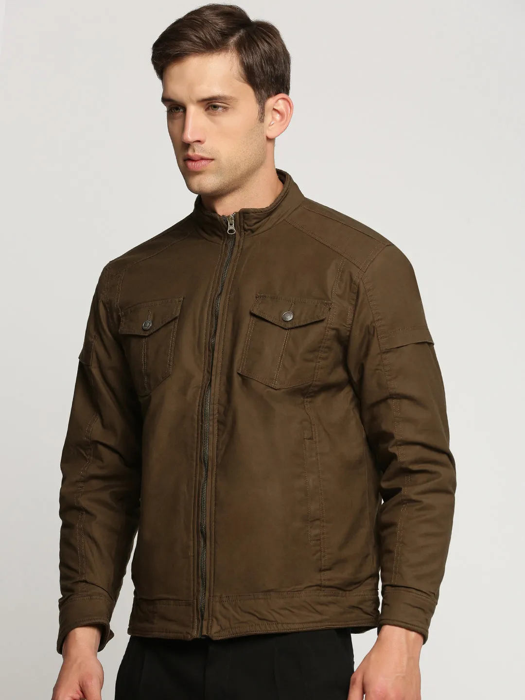 Men Brown Mock Collar Cotton Bomber Jacket