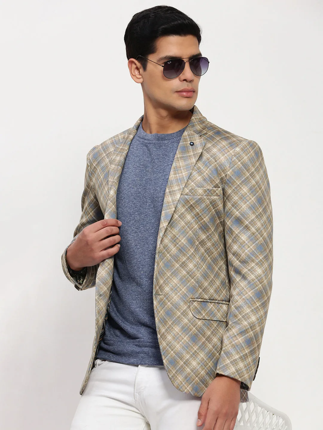 Men Brown Printed Single Breasted Blazer