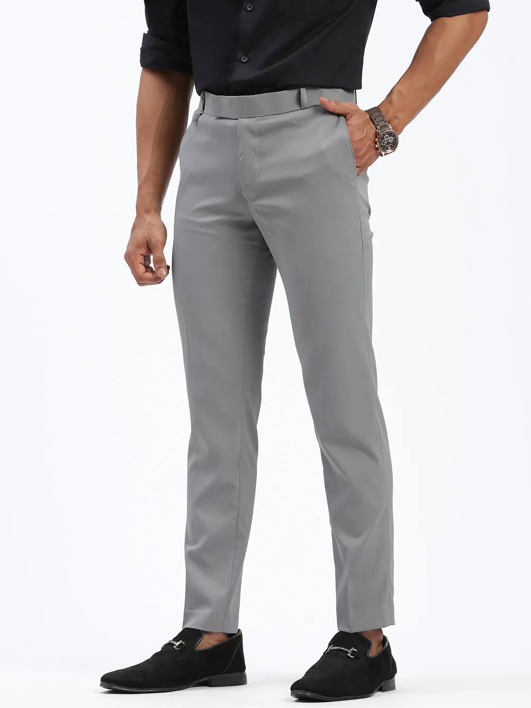 Men Grey Comfort Slim Fit Low-Rise Trousers