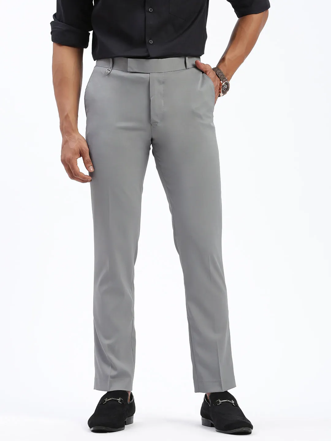 Men Grey Comfort Slim Fit Low-Rise Trousers