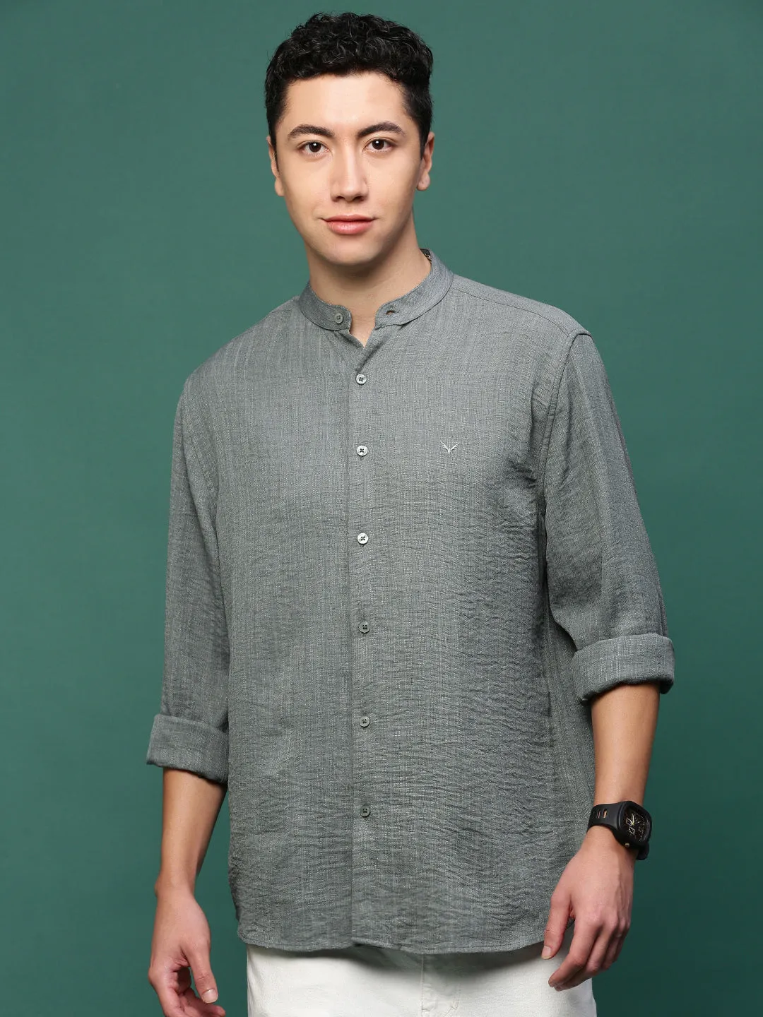 Men Grey Solid Cotton Slim Fit Shirt
